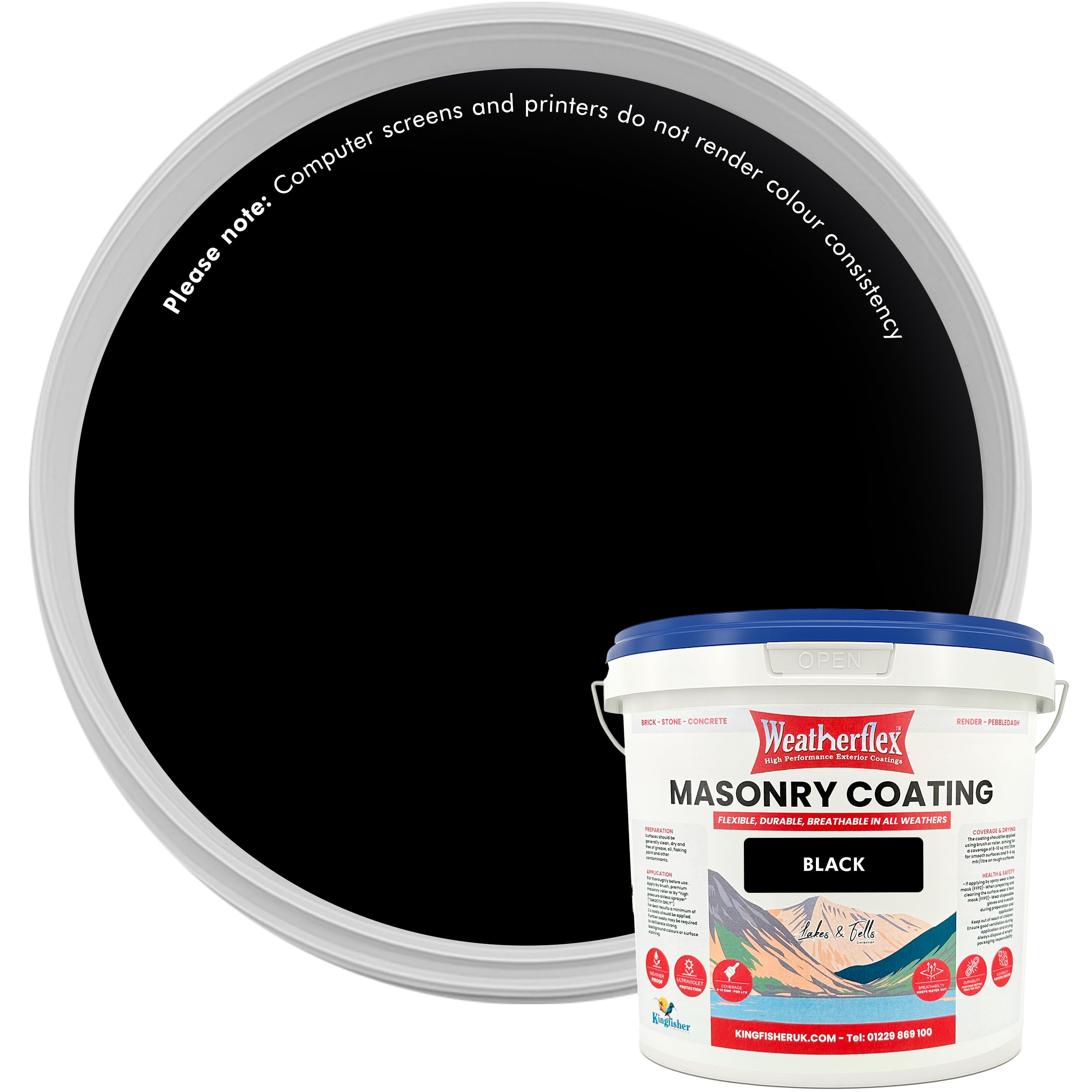 Kingfisher Weatherflex Masonry Paint 5L | Waterproof & Non-Toxic Outdoor Paint for Brick, Stone, Concrete and More | Ultra-Flexible, Crack Resistant & Breathable for Extreme Weather | Raven Black