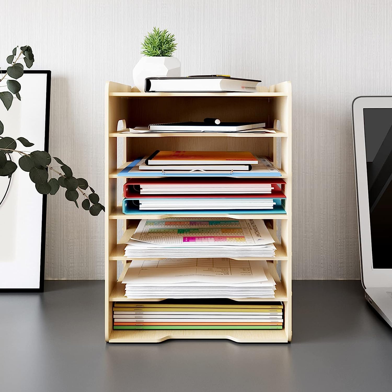 PUNCIA A4 Dokumentenablage 7 Ablagefächer aus Holz Briefablage Papierablage | Schreibtisch Datai Organizer Ablagesystem Aktenaufbewahrung Dokumentenhalter für Büro Arbeitszimmer Schule Office