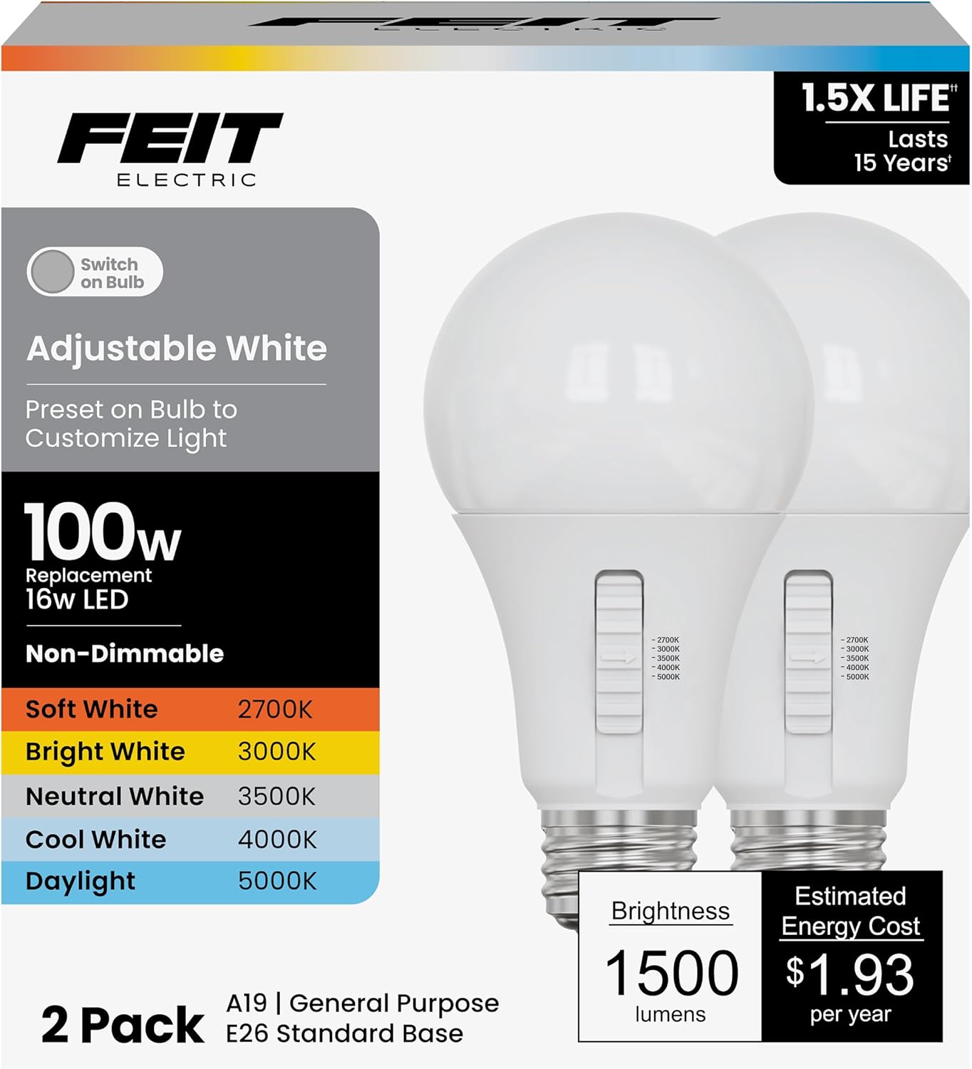 Feit Electric A19 LED Light Bulb, 100W Equivalent, Non-Dimmable, 5CCT, E26 Medium Base, 90 CRI, 1500 Lumens, Adjustable White, 13.7 Years Lifetime, 2 Pack, OM100/5CCT/15KLED/2