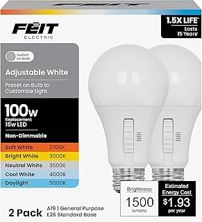 Feit Electric A19 LED Light Bulb, 100W Equivalent, Non-Dimmable, 5CCT, E26 Medium Base, 90 CRI, 1500 Lumens, Adjustable White, 13.7 Years Lifetime, 2 Pack, OM100/5CCT/15KLED/2
