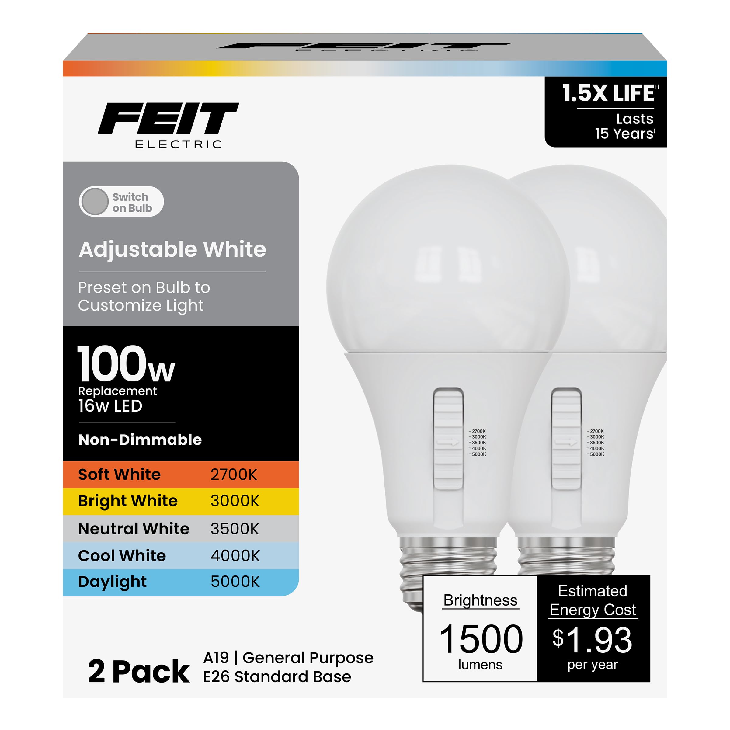Feit Electric A19 LED Light Bulb, 100W Equivalent, Non-Dimmable, 5CCT, E26 Medium Base, 90 CRI, 1500 Lumens, Adjustable White, 13.7 Years Lifetime, 2