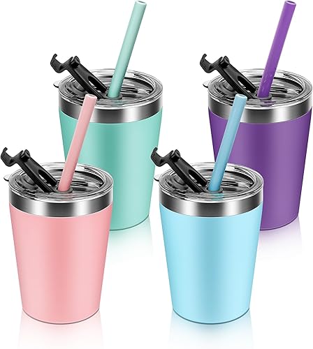Rommeka Vasos de paja para niños pequeños, vasos aislados de acero inoxidable de 8 onzas con tapas y pajillas, con recubrimiento en polvo, doble