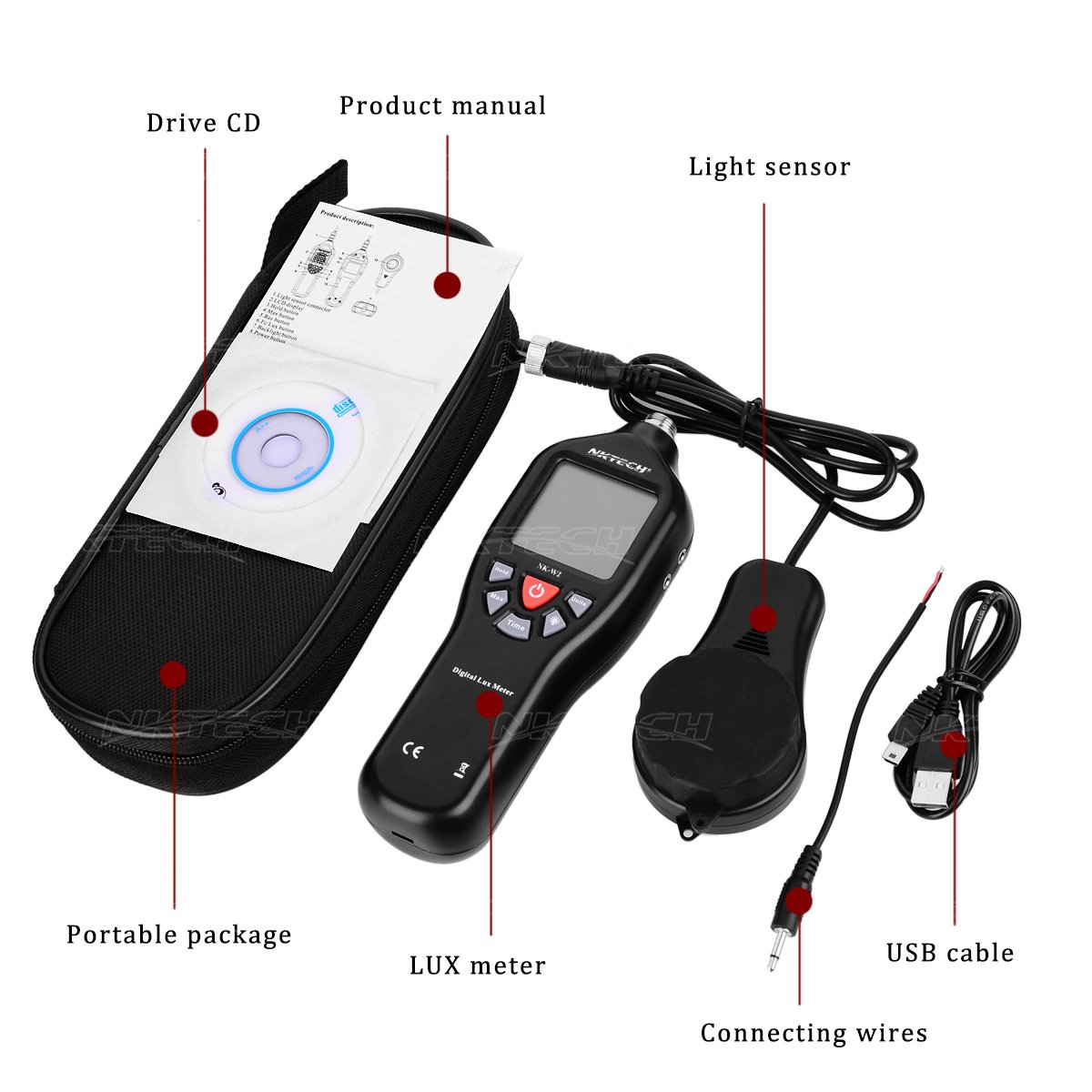 Nk-w2 Lux Mètre Enregistreur de données numériques Luxmetre Datalogger FC lumière prise en charge USB PC enregistrer Plage de mesure 0,1 à 200 000 rétroéclairage LCD testeur