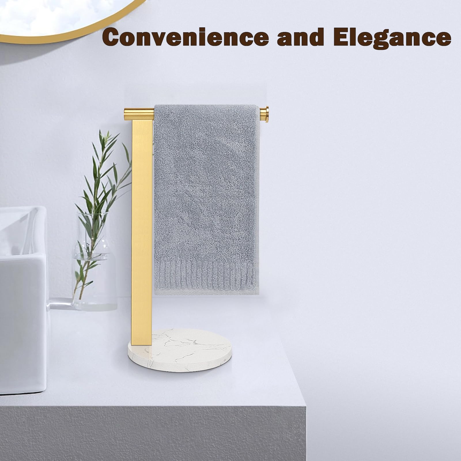 Toallero para toallas de mano para baño, toallero de pie en forma de L, organizador de encimera de tocador o cocina, material de acero inoxidable SUS304, base de mármol, dorado