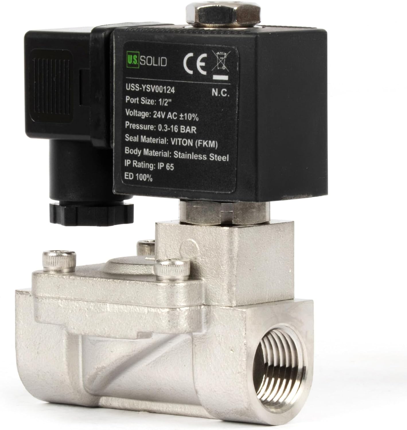 U.S. Solid Stainless Steel Solenoid Valve 1/2" - 24V AC, Normally Closed, 4.4-232 PSI, Pilot-Operated, Viton Seal