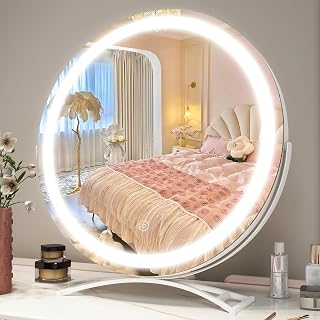 Elegant Large Round Vanity Mirror 12" For Tabletop With 3 Tone Dimmable LED Light For Makeup Beauty And Cosmetics (White, 30cm)