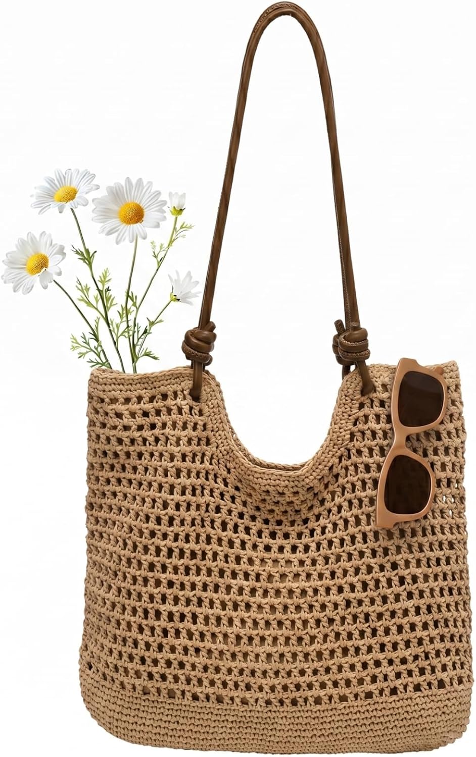 JANSBEN Handwoven Crochet Beach Bag for Women Cotton Rope Summer Woven Tote with Faux Leather Handles