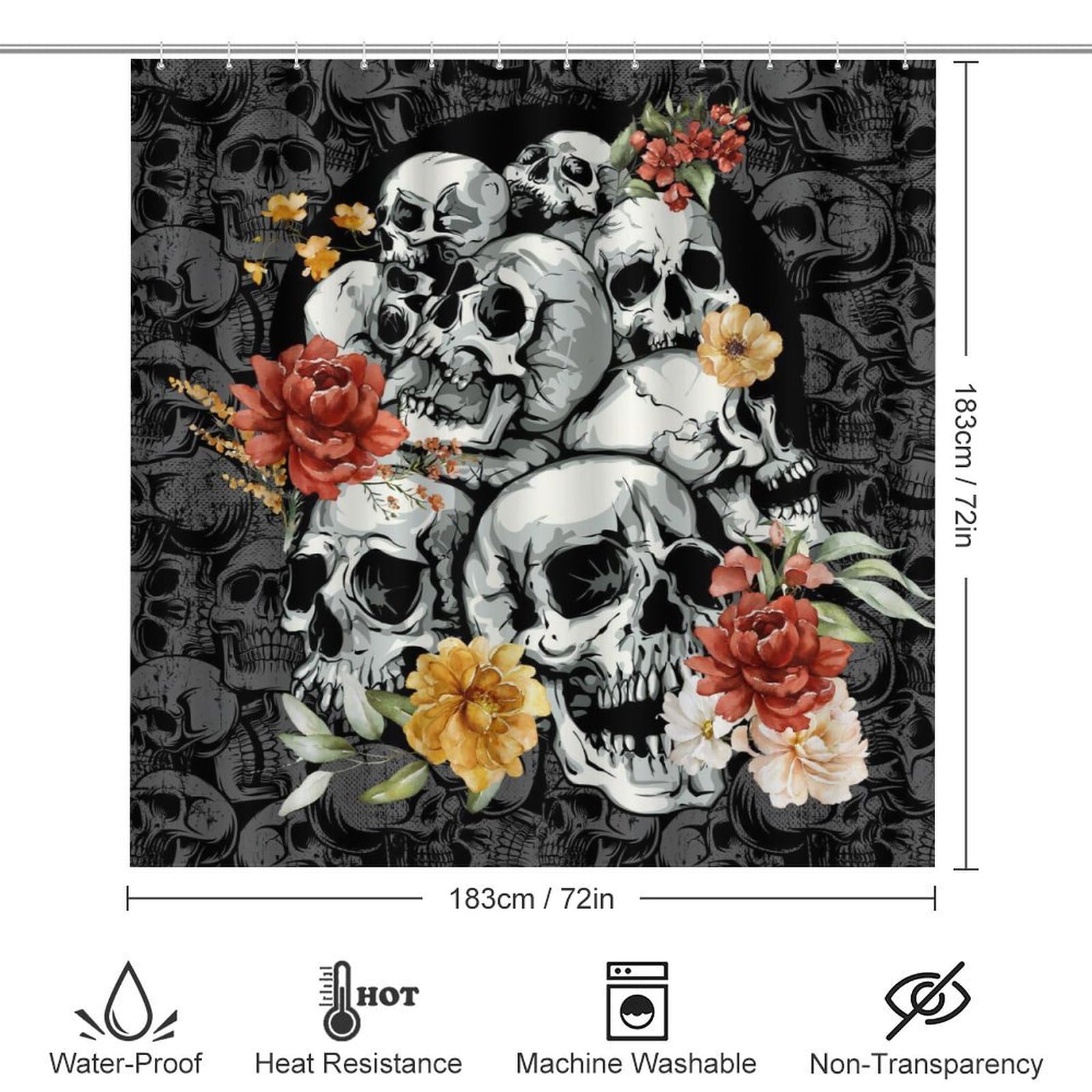 COALHO Juego de 4 cortinas de ducha impermeables con diseño de calavera de rosas rojas, fantasía, abstracto, gótico, esqueleto, con cubierta de inodoro impermeable, alfombra de ducha, 183 x 183 cm