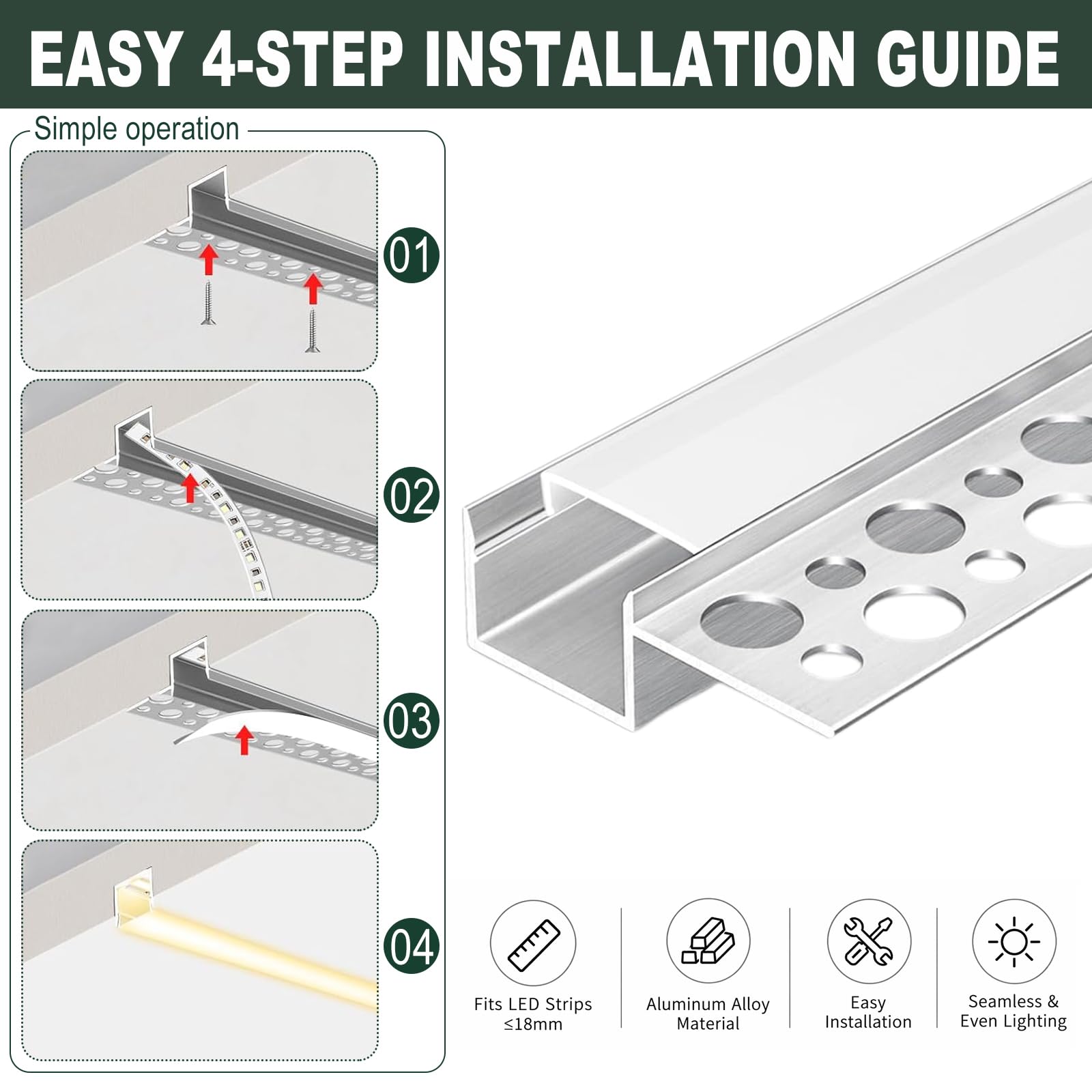 LED Putzprofil 1m 6er Set, flächenbündiges Aluminium Einbauprofil
