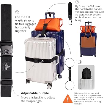 Adjustable Luggage Straps for Suitcases 3 PCS, Heavy Duty Lockable Buckle | Great for Solo and Coupled Travelers, Connect 2 Suitcases with Elastic Strap, Add a Bag & Travel Essentials with Velcro Hook