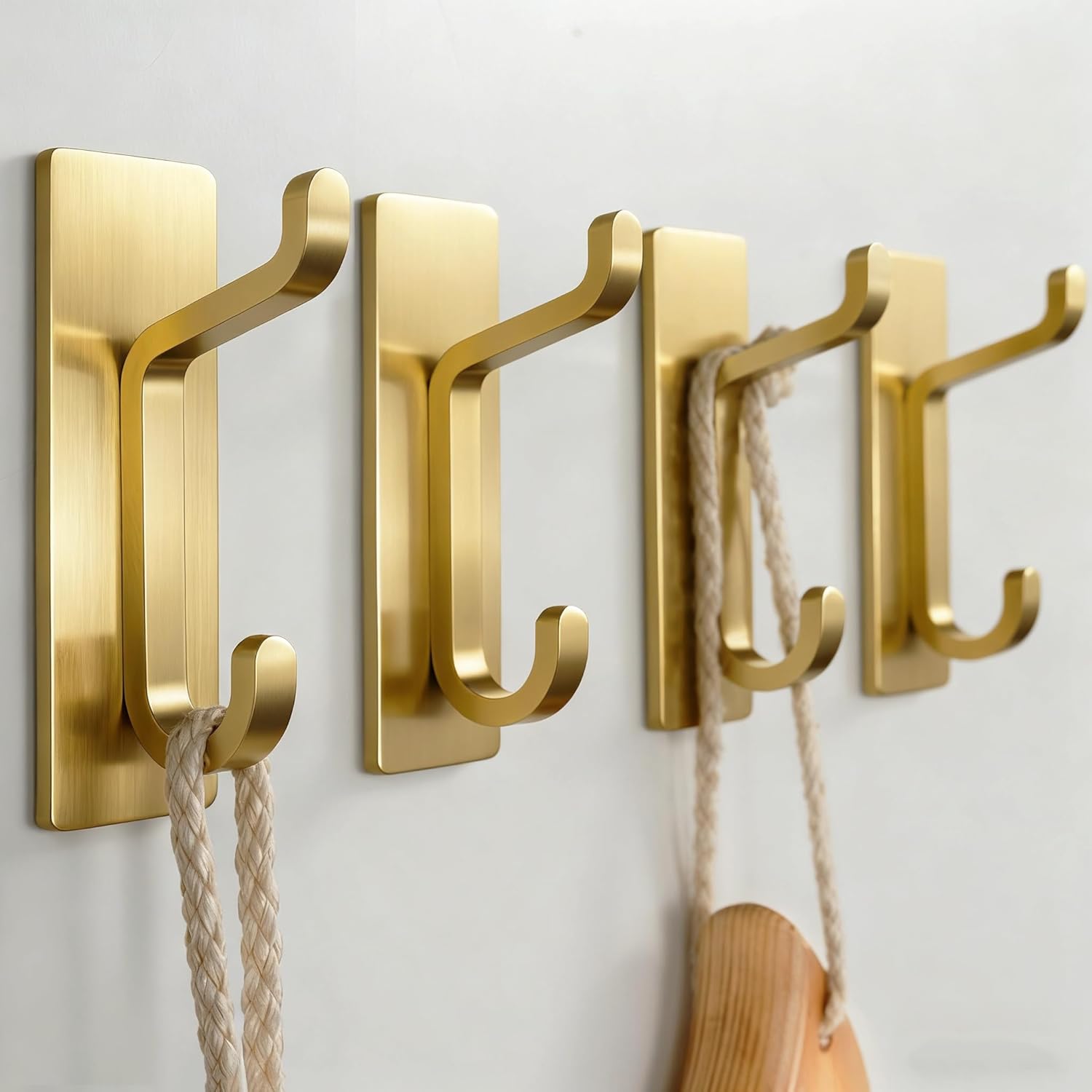 Self Adhesive Wall Hooks for Hanging: Extra Strong 13 LB, Hook for Coat, Towel in Bathrooms, Shower, Kitchen, Wall, Door Hook, Brushed Gold 4 Pack