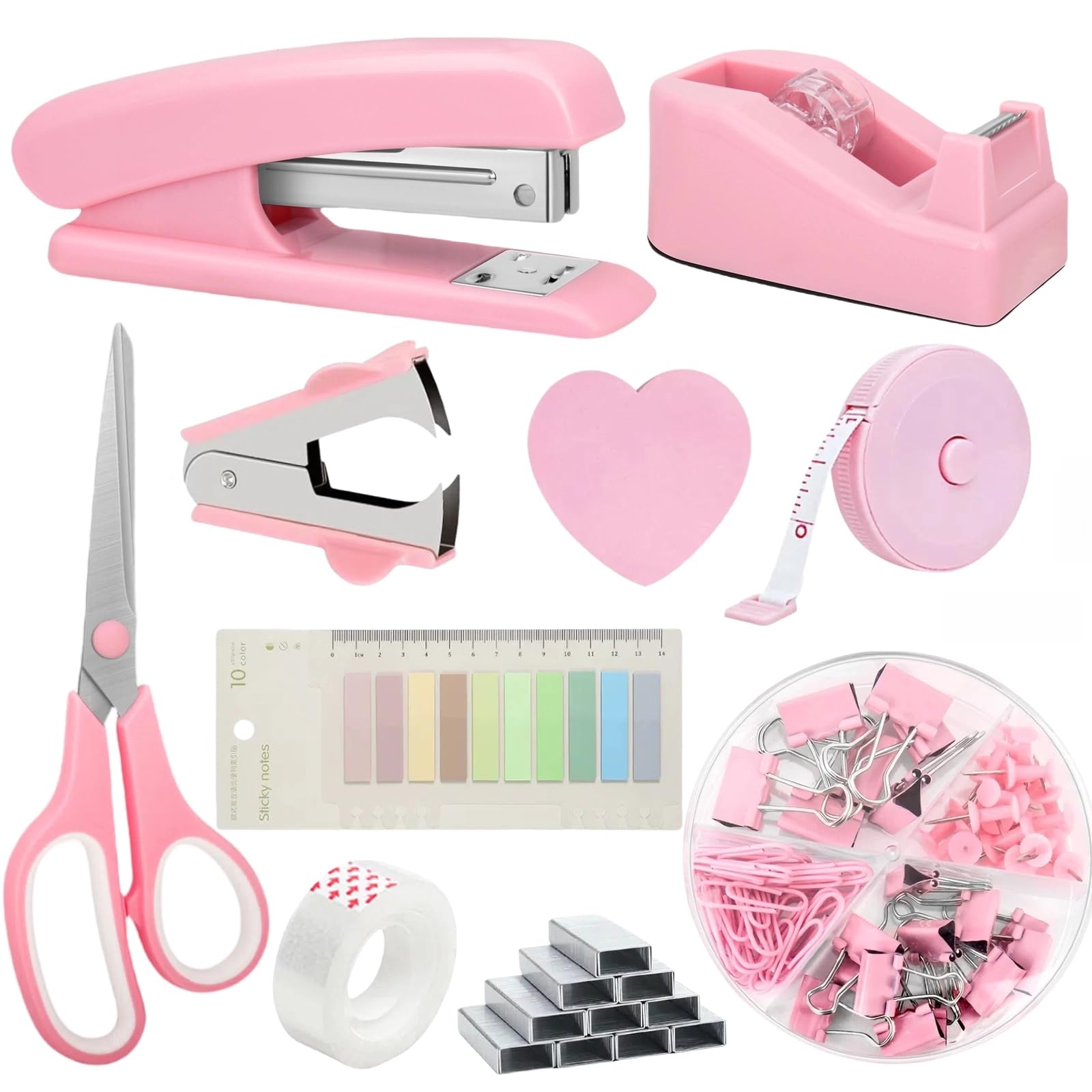 Photo 1 of 10Pcs Office Desk Accessories Set,Pink Office Supplies,Stapler, Tape Dispenser, Staple Remover, Staples, Scissors, Binder Clips, Sticky Notes,Heart Shaped Notes,Cute Desk Supplies for Women