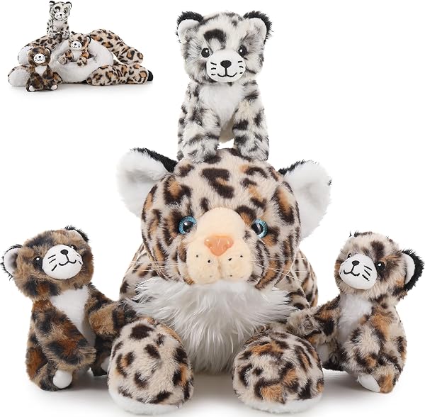 MorisMos Peluche Léopard des Neiges avec Bebe Doux, XXL Léopard Jouet en Peluche Animaux Grande Réaliste, Cadeau Noel Mignonne pour Fille Enfants Garçons Anniversaire Deco - 1