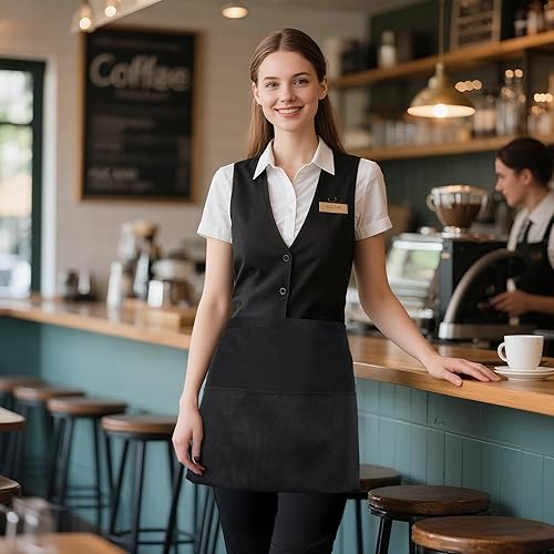 Miniatura 7 de Delantal de servicio de 3 piezas con 3 bolsillos, delantales para mujer con bolsillos, delantal impermeable con delantal de camarera, delantales