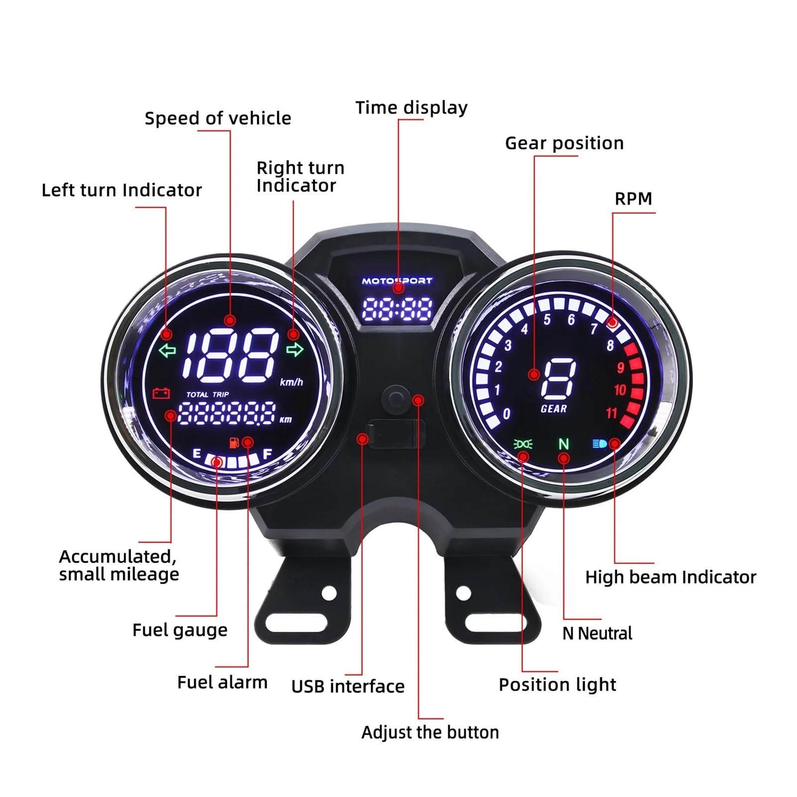 Contagiri contachilometri LED Digitale Moto Tachimetro RPM Contagiri Cruscotto TRIP ODO Orologio Livello Olio Indicatore 1-11 Marcia Per 150Gato 250cc