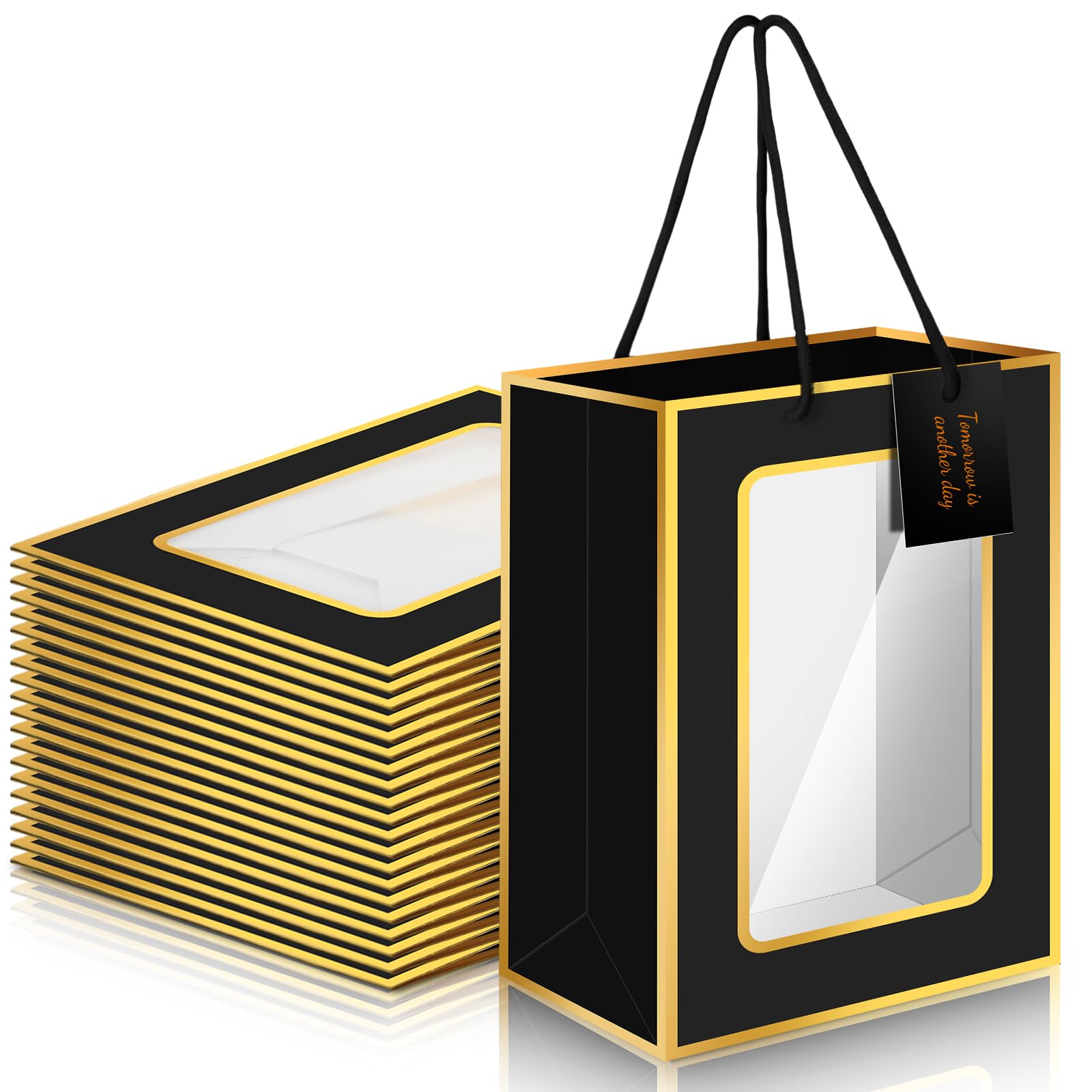 Affrolling 12 Pcs Cardboard Clear Gift Bags with Window and Cards, Shopping Bags with Handles, Thank You Gift for Bridal Shower Wedding Graduation