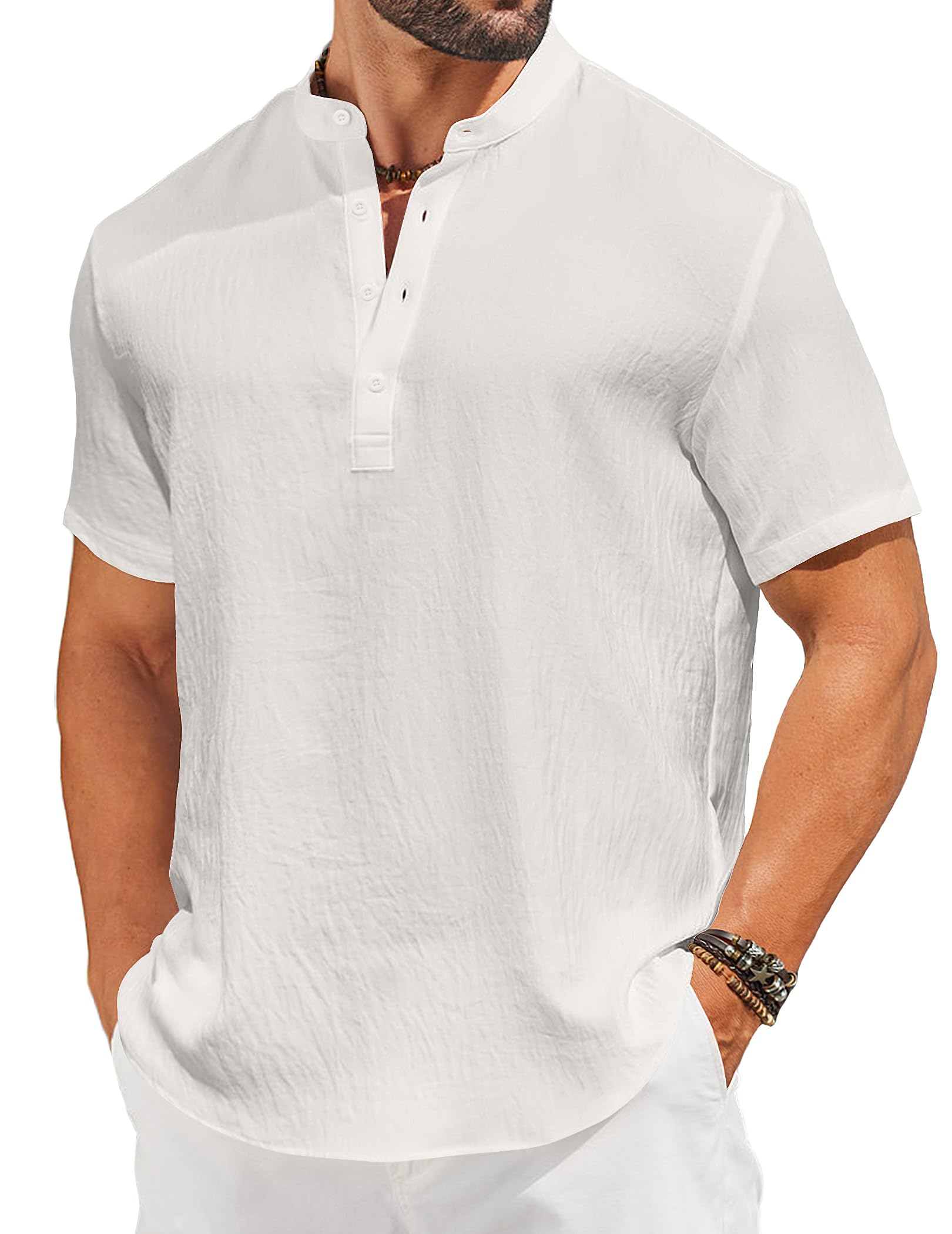 COOFANDY Men's Casual Henley Shirt Short Sleeve Linen Shirt Band Collar Summer Hippie Beach T-Shirts