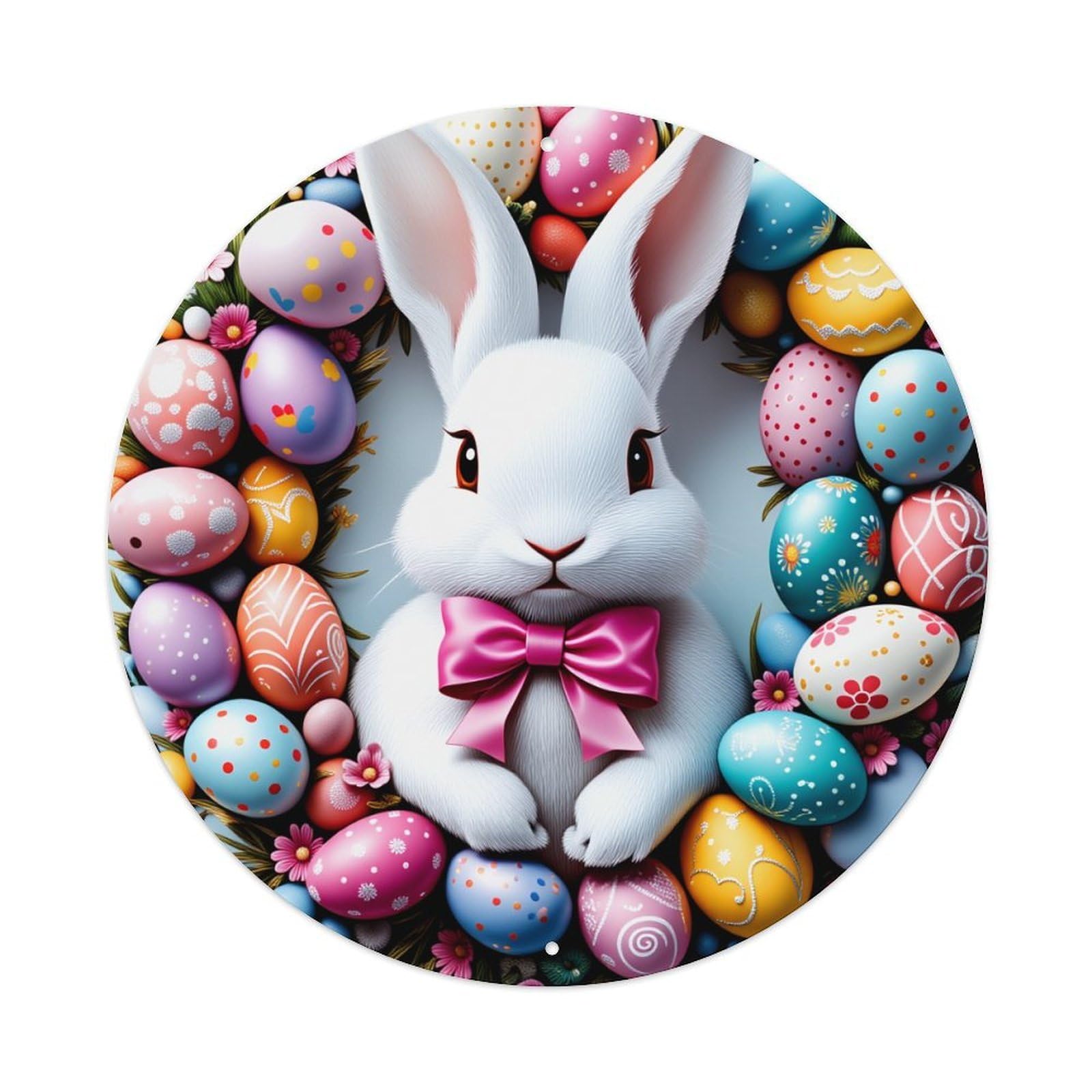 Lzwbntey Vintage Easter Bunny Eggs Flowers Bow Metal Tin Sign Retro Wall Decor For Home Bar Garage Cafe, Indoor & Outdoor Decorative，Circle Metal Poster, 8X8 Inch