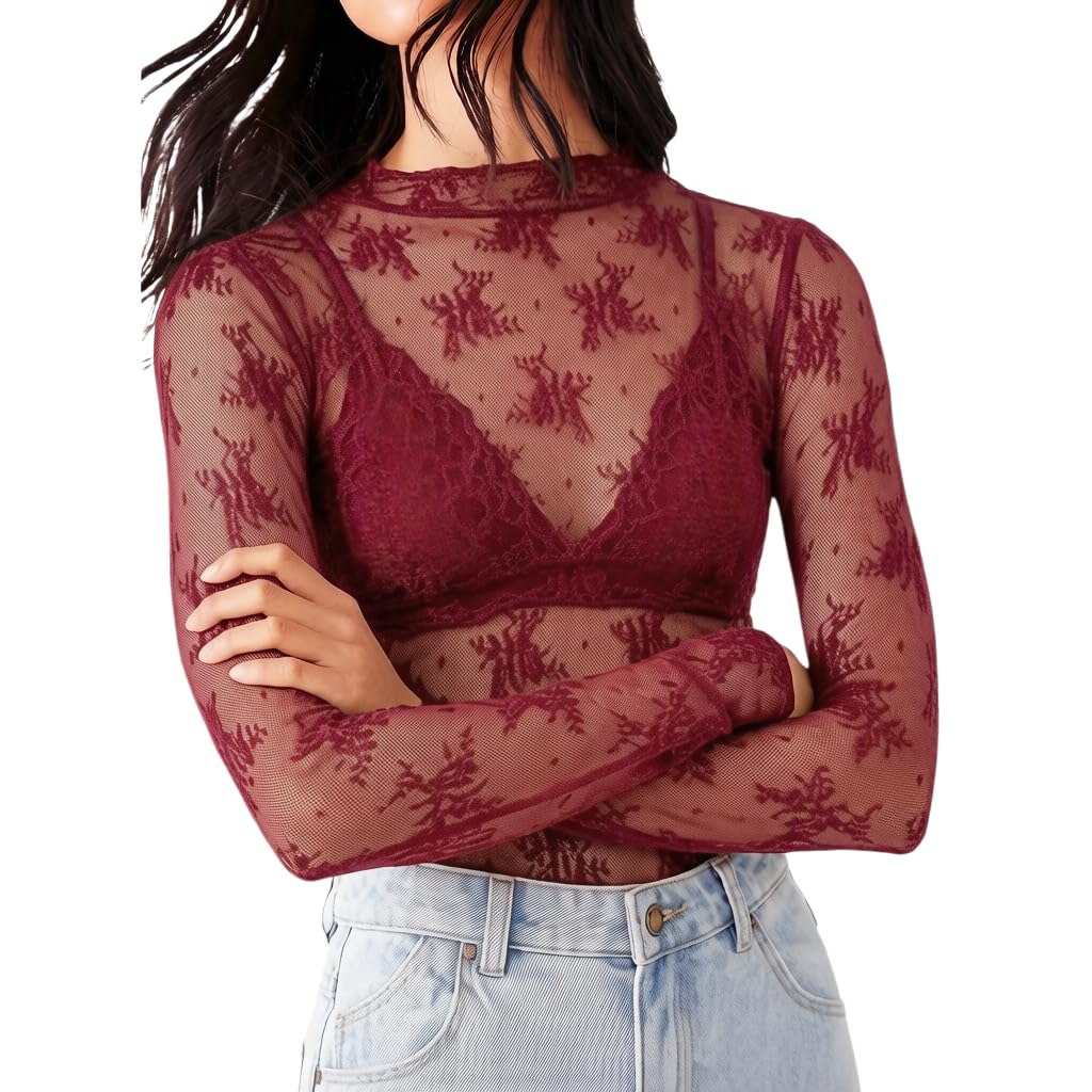 トップス andmary Nini lace long sleeve tops Amazon.com: KMBANGI Women's Mesh Lace Long Sleeve Top Mock Neck