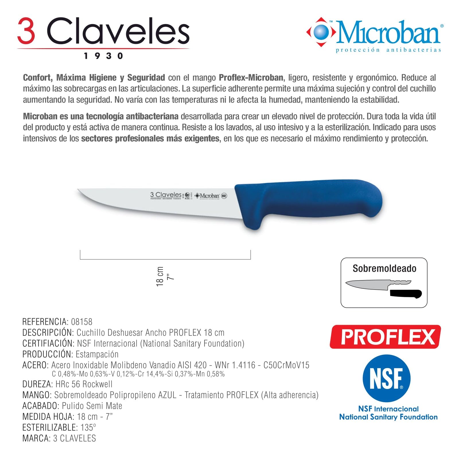 3 Claveles Cuchillo Deshuesar Ancho Proflex, Acero Inoxidable, Azul, 18 cm-7"