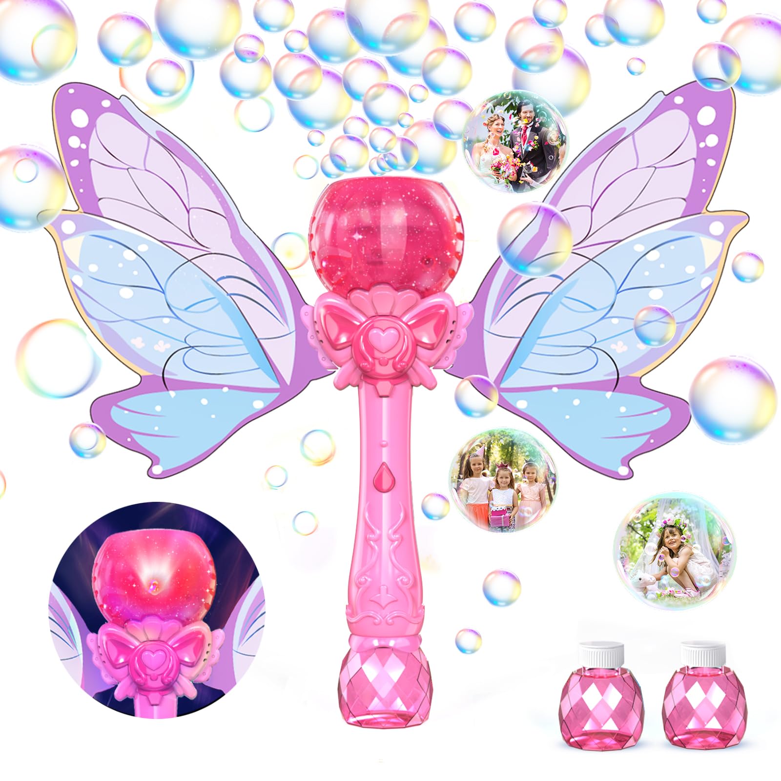 PANACARE Varita de burbujas de mariposa para niños Máquina automática de burbujas luminosas con solución de burbujas produce 10000+burbujas/minuto adecuado juegos para fiestas al aire libre regalos de