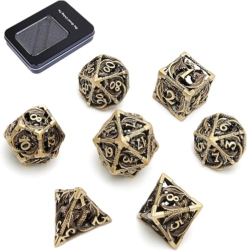 Copper Metal DND Dice Set – 7 Piece Hollow Dragon Steampunk Polyhedral Dice (D4 D6 D8 D10 D% D12 D20) with Storage Gift Box – RPG Tabletop Gaming Set