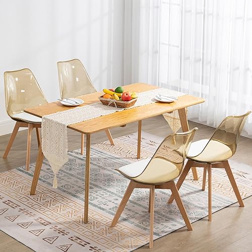Miniatura 4 de Juego de 4 sillas de comedor transparentes, modernas sillas de comedor de acrílico con cojines de piel sintética y patas de madera, sillas laterales