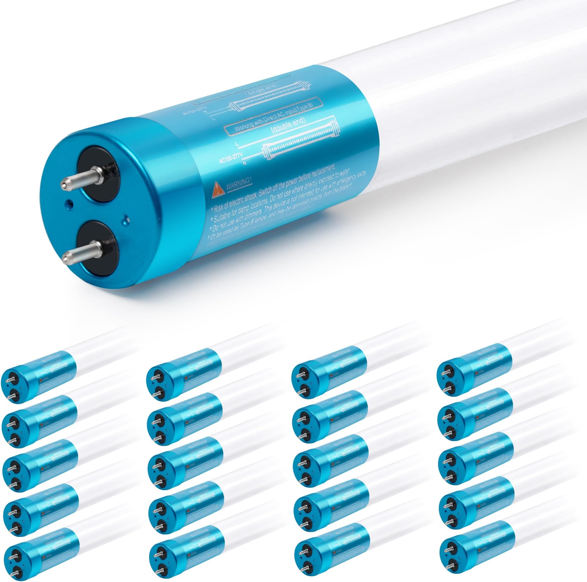 20 Pack 4FT LED T8 Ballast Bypass Type B Light Tube, 18W, 2400lm for Single-Ended & Dual-Ended Connection, 5000K, Frosted Lens, T8 T10 T12 Tube Light for G13, 120-277V, UL Listed