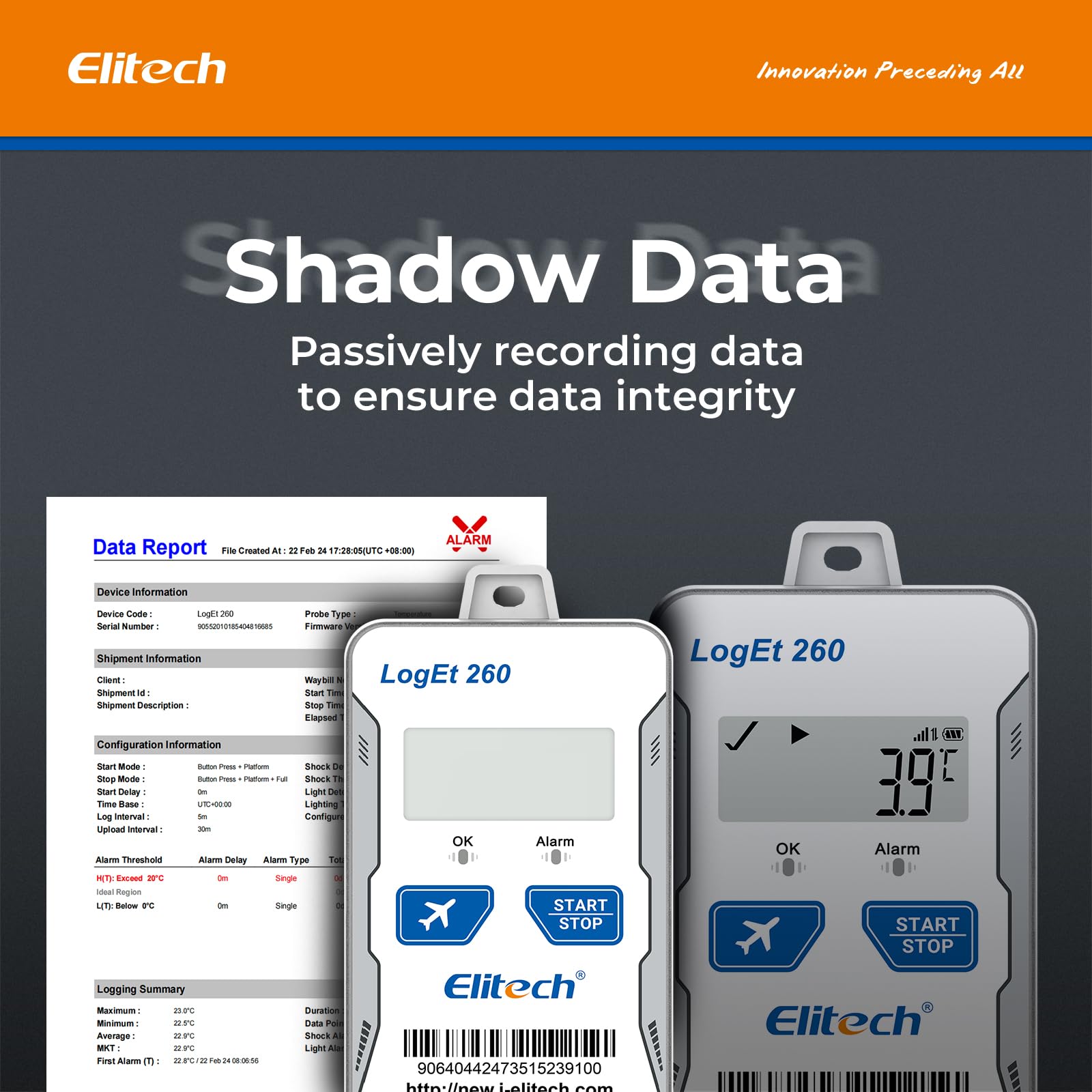 Elitech Registrador de Datos Reutilizable en Tiempo Real de Temperatura y Humedad Luz/Choque/Ubicación Integrada SIM Datos de Sombra en la Nube SMS/Correo Electrónico/Aplicación/Alarma 100000 Puntos
