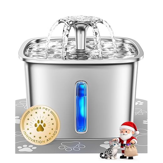 Veken Innovation Award Winner Stainless Steel Cat Water Fountain, 95oz/2.8L Automatic Pet Fountain Dog Water Dispenser with Replacement Filters & Silicone Mat, Gifts for Christmas, Cats, Dogs (Silver)