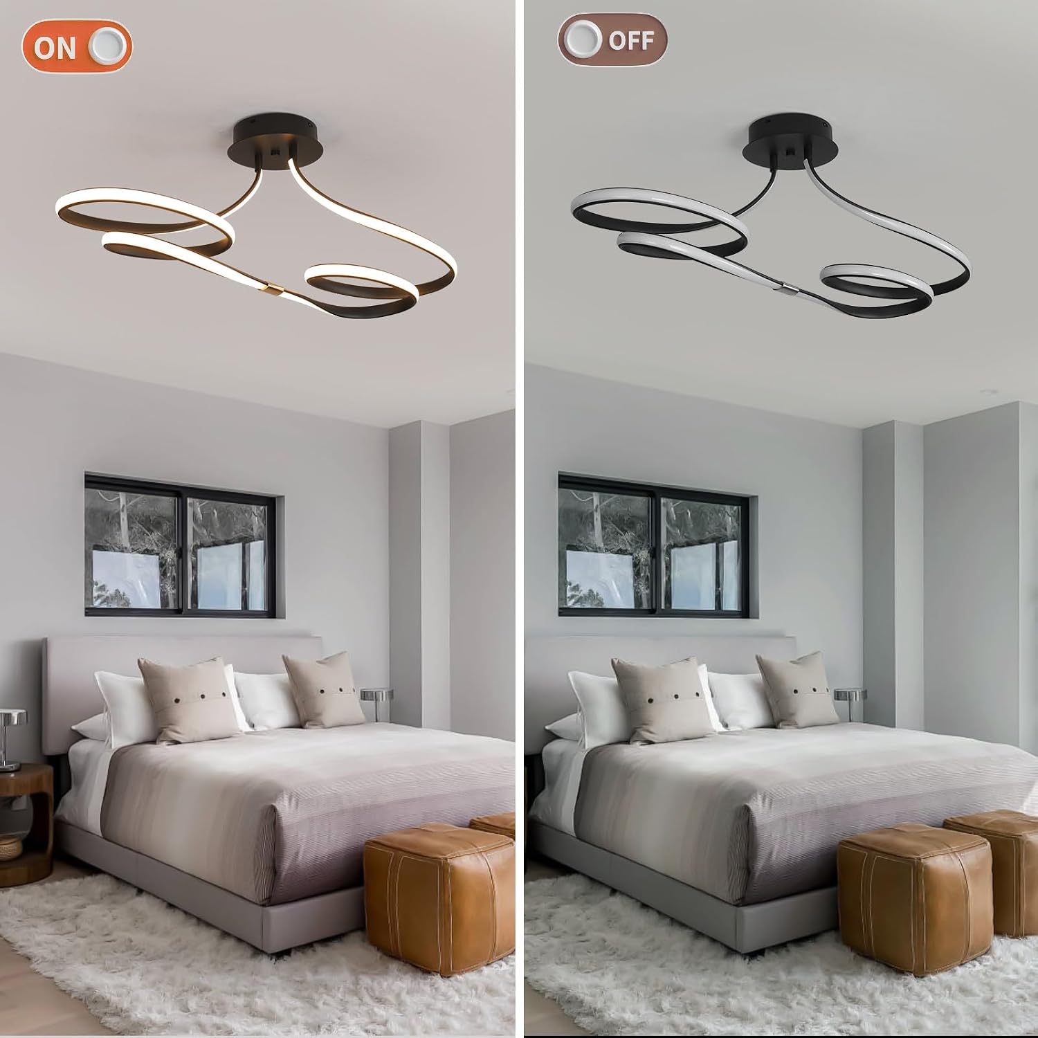 29.5in Flush Mount Low Ceiling Chandelier, Covering Living Room & Kitchen Ceiling Light, Dimmable LED with Remote (Black 28W)