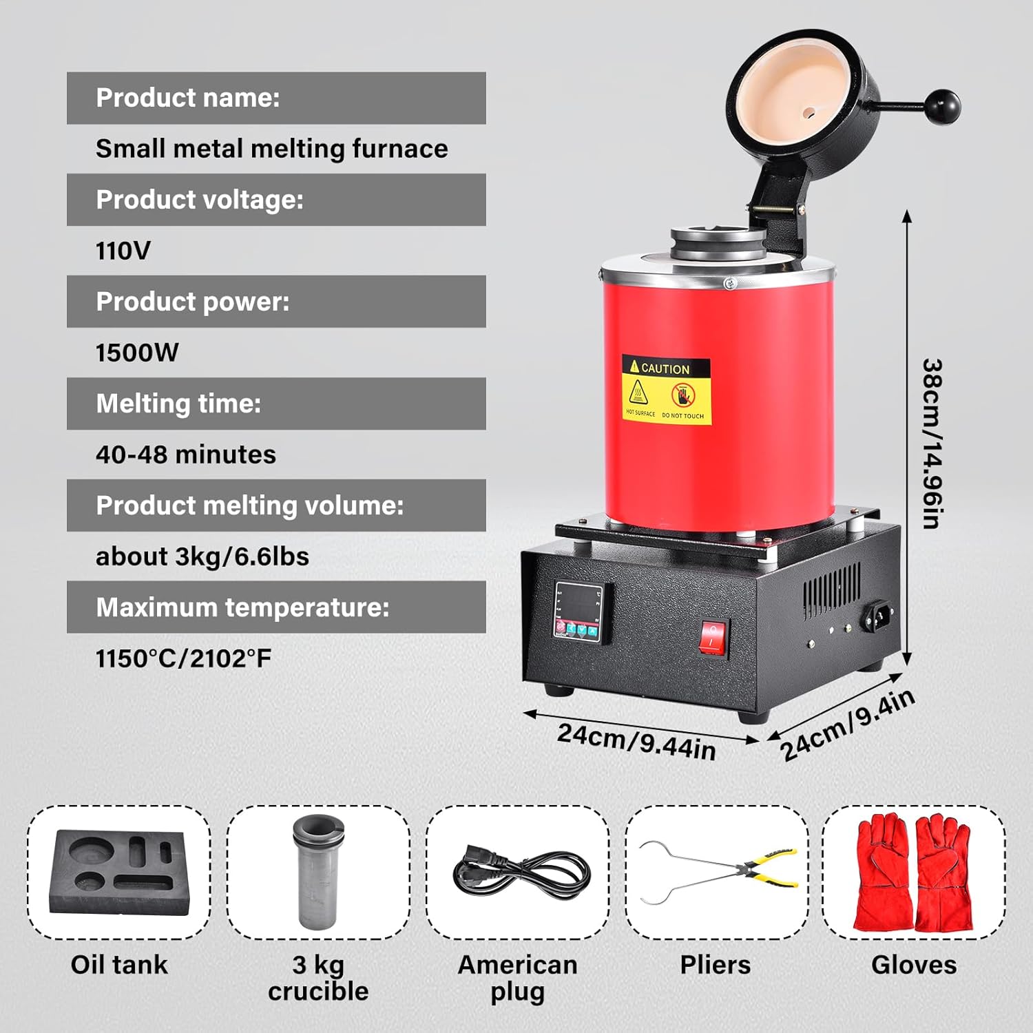 3KG smelting furnace kit, 1500W Automatic Digital Melting Furnace Machine With Fluted Graphite Crucible Accurate Warming Equipment For Smelting Aluminum Gold Copper Metal Scrap(Red, 1150°C/2102°F)