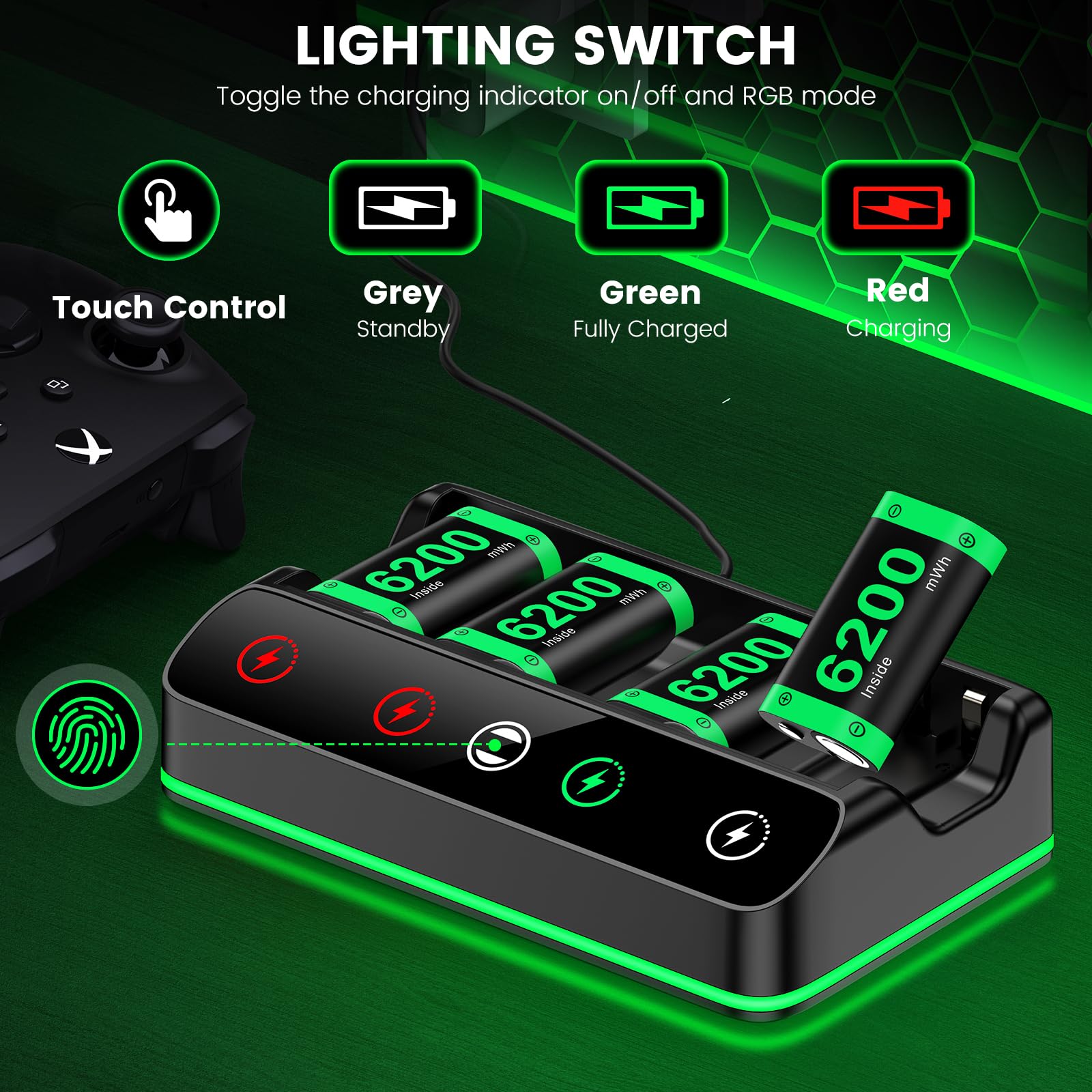 4X 6200 mWh Akku für Xbox One/Series S/X Controller, Ladestation mit coolem RGB-Licht, wiederaufladbares Akkupack kompatibel mit Xbox Series X|S/S/X/Elite Wireless Controller, Schwarz
