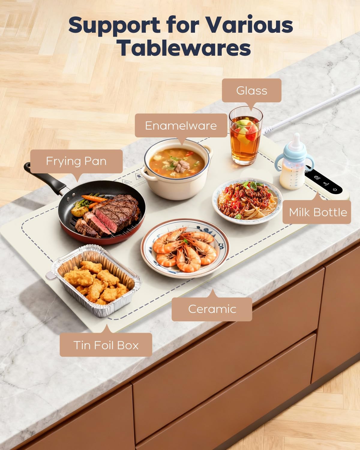 Warmhalteplatte Elektrisch, Graphen Warmhaltematte, 6 Einstellbare Temperatur Wärmeplatte Essen, 0-6H Zeitschaltuhr Wärmetablett für Versammlungen, Partys, Buffet (weiß)