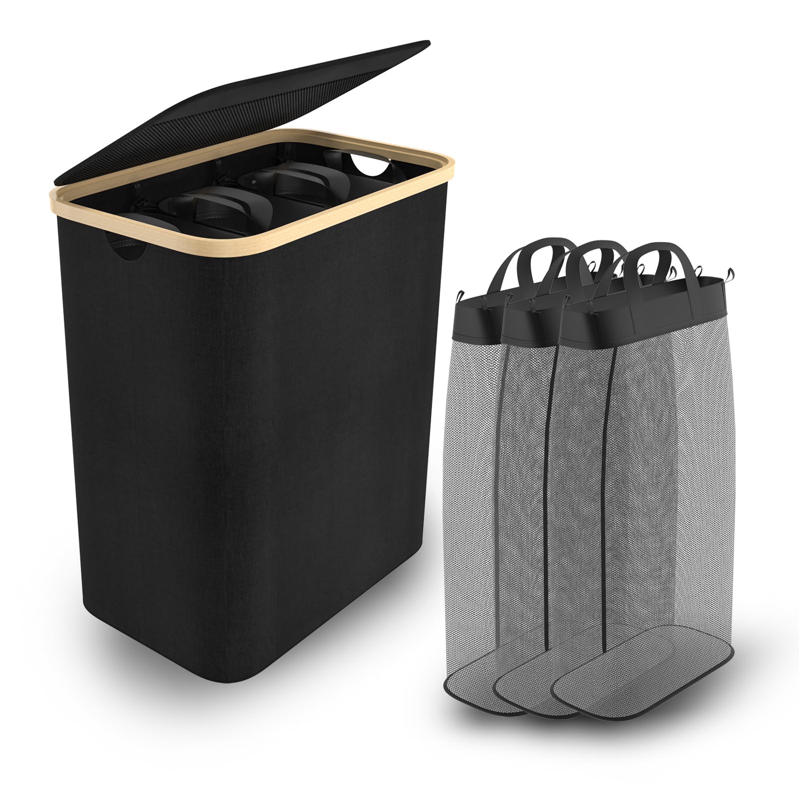 UISEBRT Cesto para la colada con tapa, 3 compartimentos, bolsa de lavandería de 140 l, cesta para la colada estrecha, plegable, extra grande, de bambú, con tapa, color negro