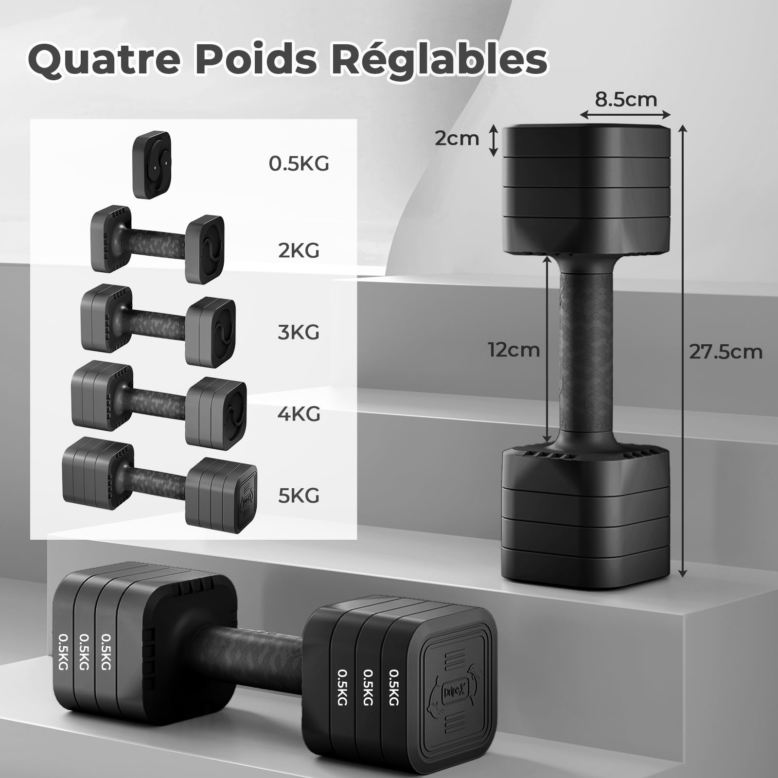 Dripex Lot de 2 Haltères Musculation Réglables 2,5 kg 5 kg 7,5kg 10kg Poids Musculation avec Poignée pour Femme Homme Gym à Domicile Entraînement