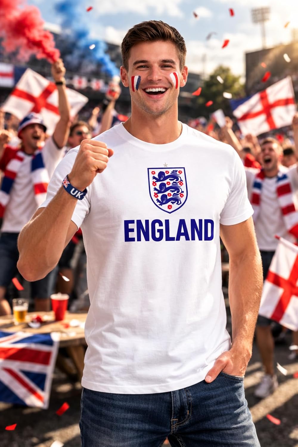 England Soccer Fan Kit 2026 World Cup, 5 Piece Game Day Set with T-Shirt, Scarf, Bandana, Wristband and Face Paint Stick