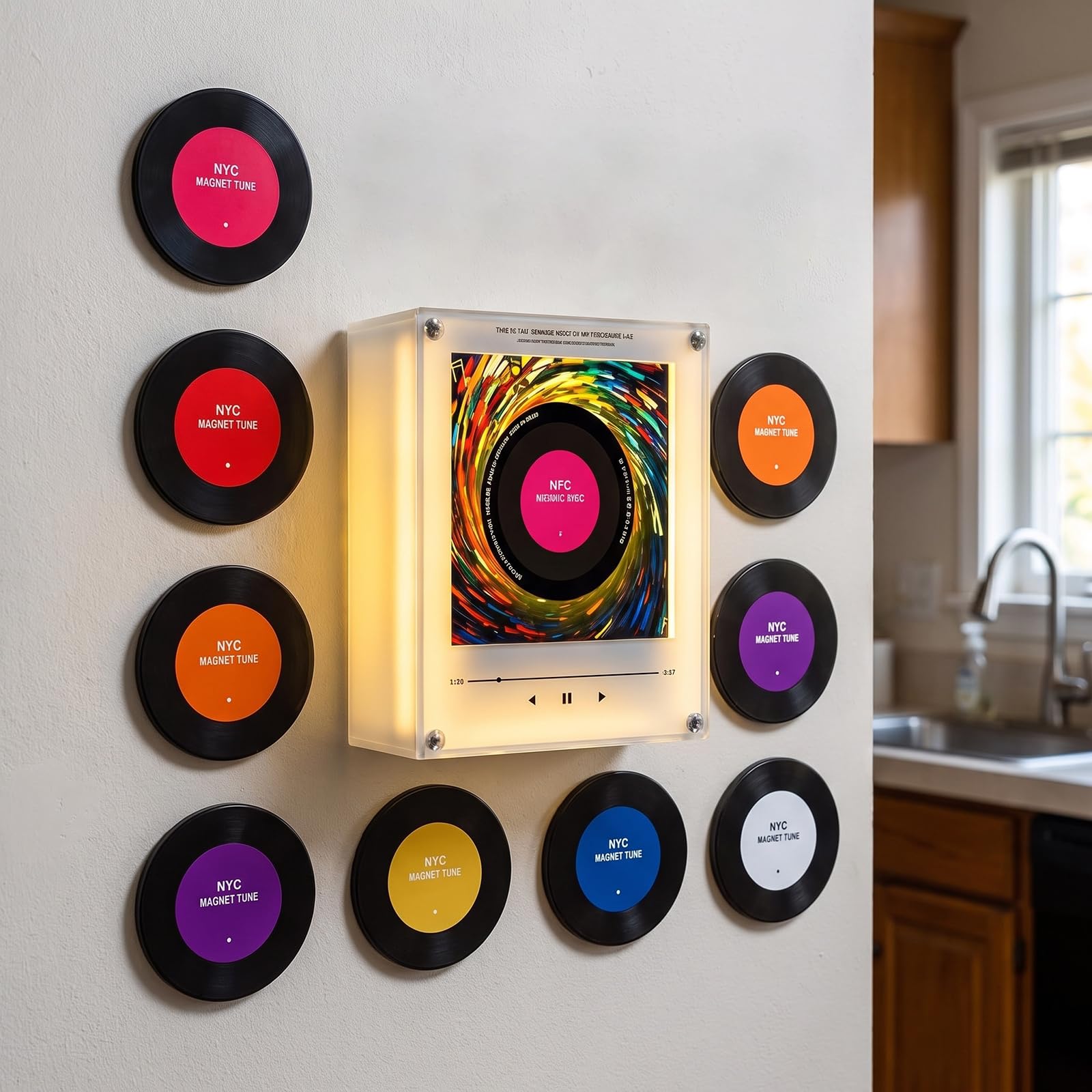 Magnetyczny odtwarzacz muzyczny na lodówkę, 128 mb, programowalny odtwarzacz muzyczny NFC, z oświetleniem LED, pozytywka, magnes na lodówkę z zestawem odtwarzacza, płyty muzyczne NFC, do domowego