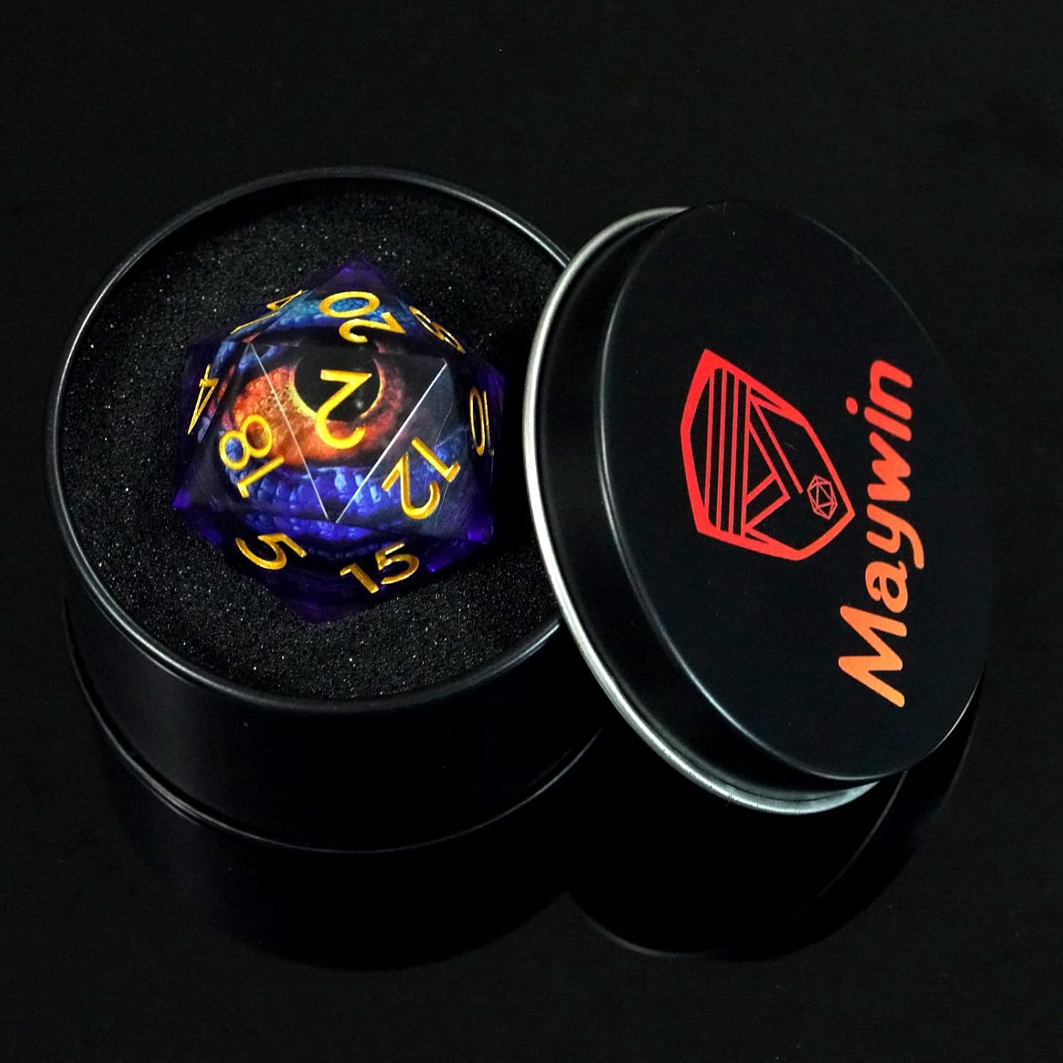 Handmade Sharp Edge 33mm Large Dice.Moving Dragon Eyeball Core Single Large D20 with Gift Box for Dungeons and Dragons(Purple red Eyeball)