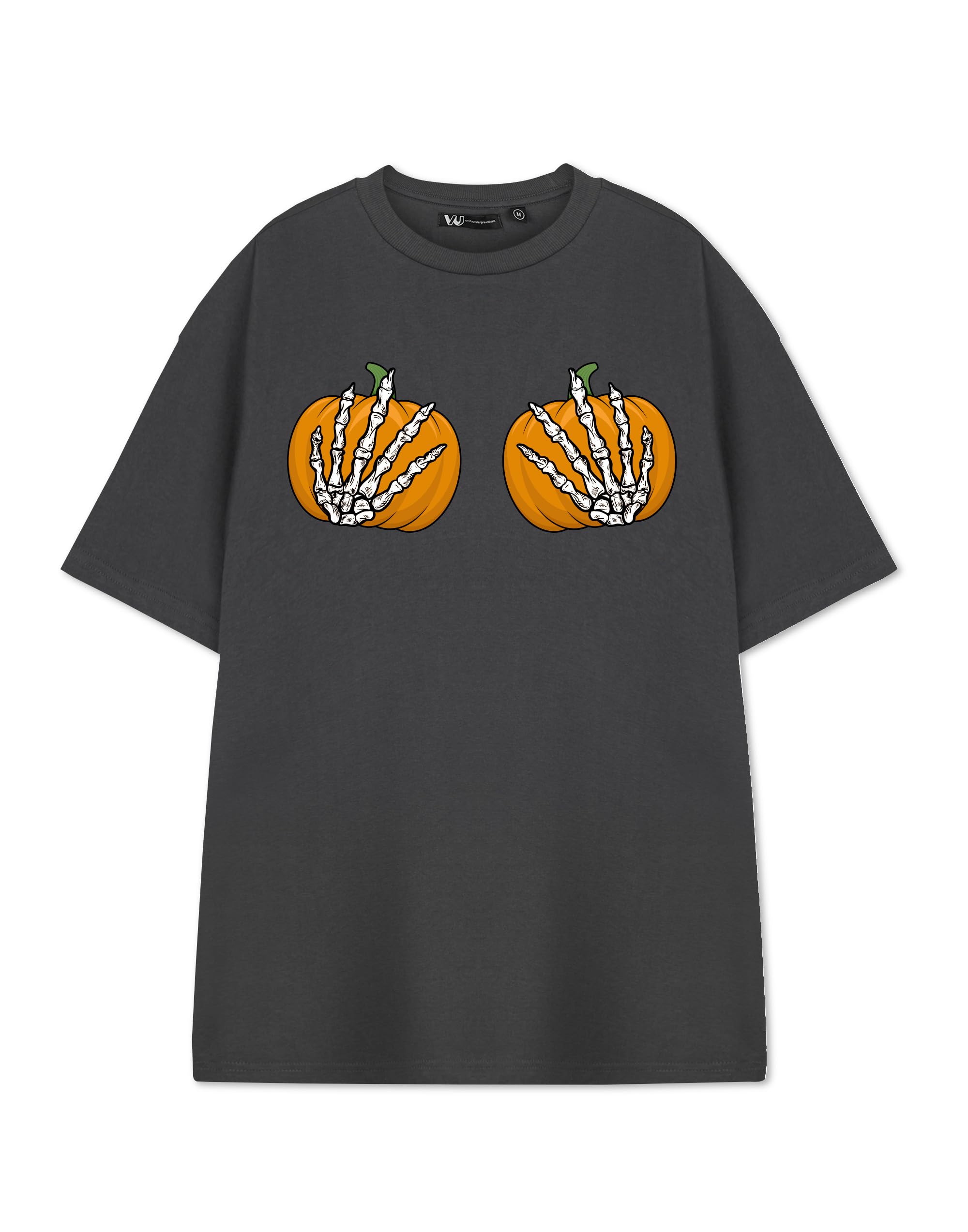 Vanilla Underground Women's Grey Graphic Tee | Pumpkin Hands Design Short Sleeve T-Shirt | Trendy Casual Wear | Unique Merchandise for Ladies | Comfortable Cotton Top | Fashionable Streetwear Apparel