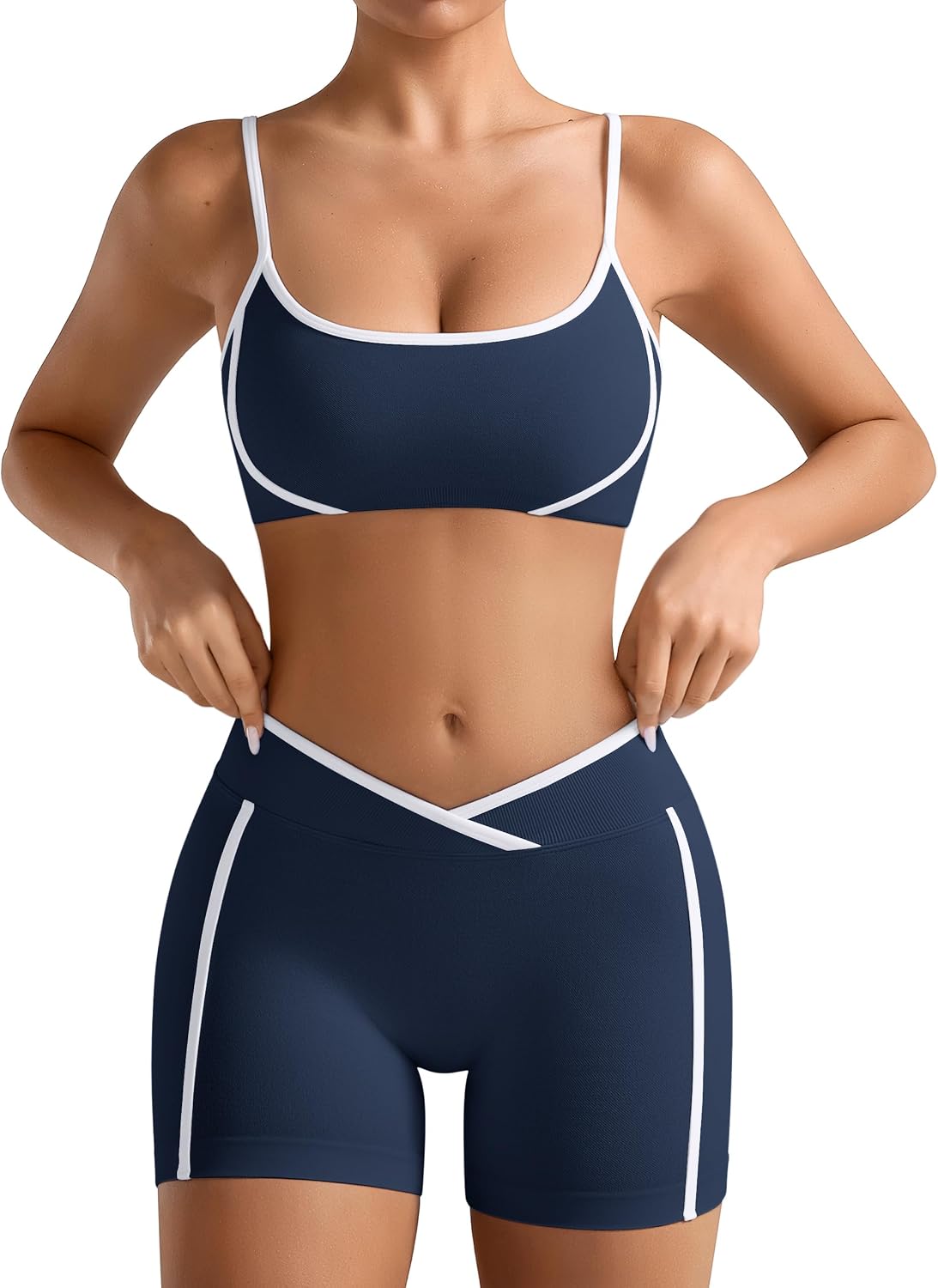Relety Womens Workout Sets 2 Piece Seamless Sports Bra Crossover Scrunch Butt Shorts Contrast Trim Gym Yoga Outfits Padded