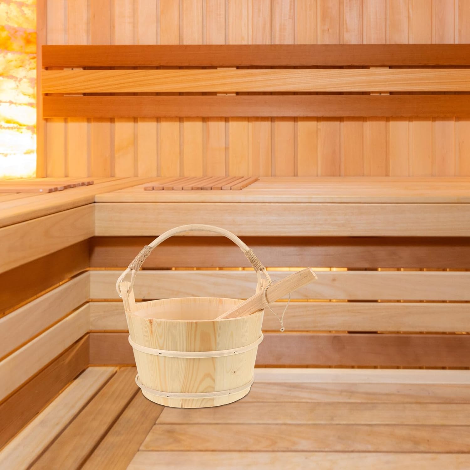 Homoyoyo Wooden Sauna Bucket with Plastic Liner and Ladle Set for Steam Room, Classic Wood Barrel Sauna Accessories for Home Spa and Shower Use