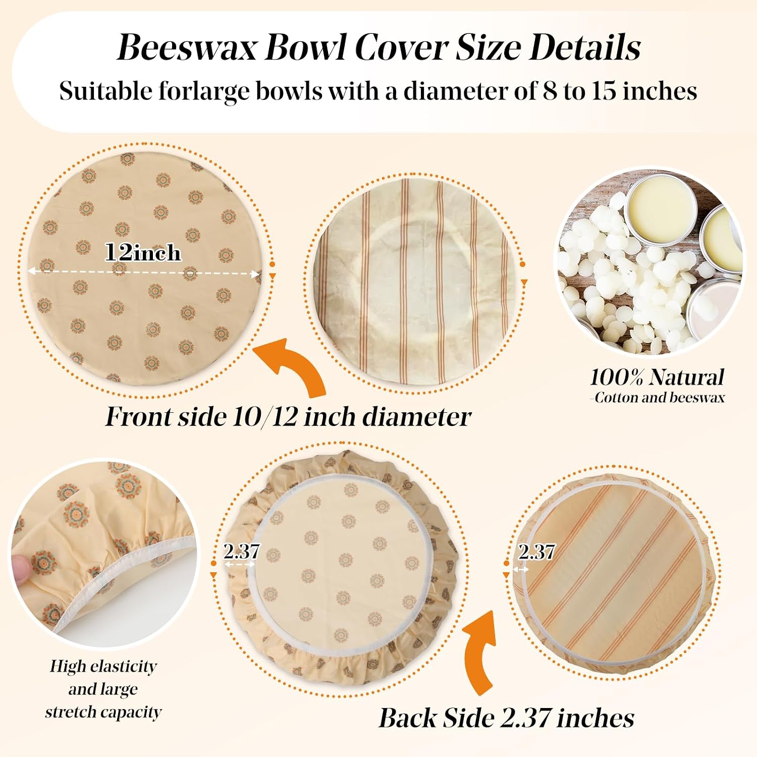 Beeswax Bowl Covers for Bread Proofing 2Pcs Shower Caps for Sourdough Bread | 10/12 Inch Reusable Elastic Organic cotton Sourdough Bowl Covers for Bread Proofing Baskets and Large Mixing bowl
