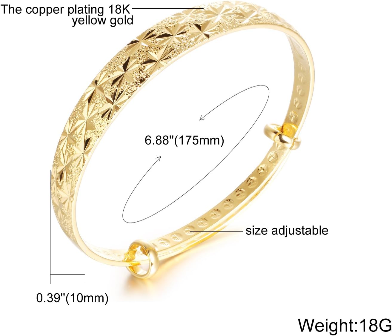 L & J 18K Yellow Gold Plated Bangles Classical Adjustable Bangle Bracelet for Women - Image 3