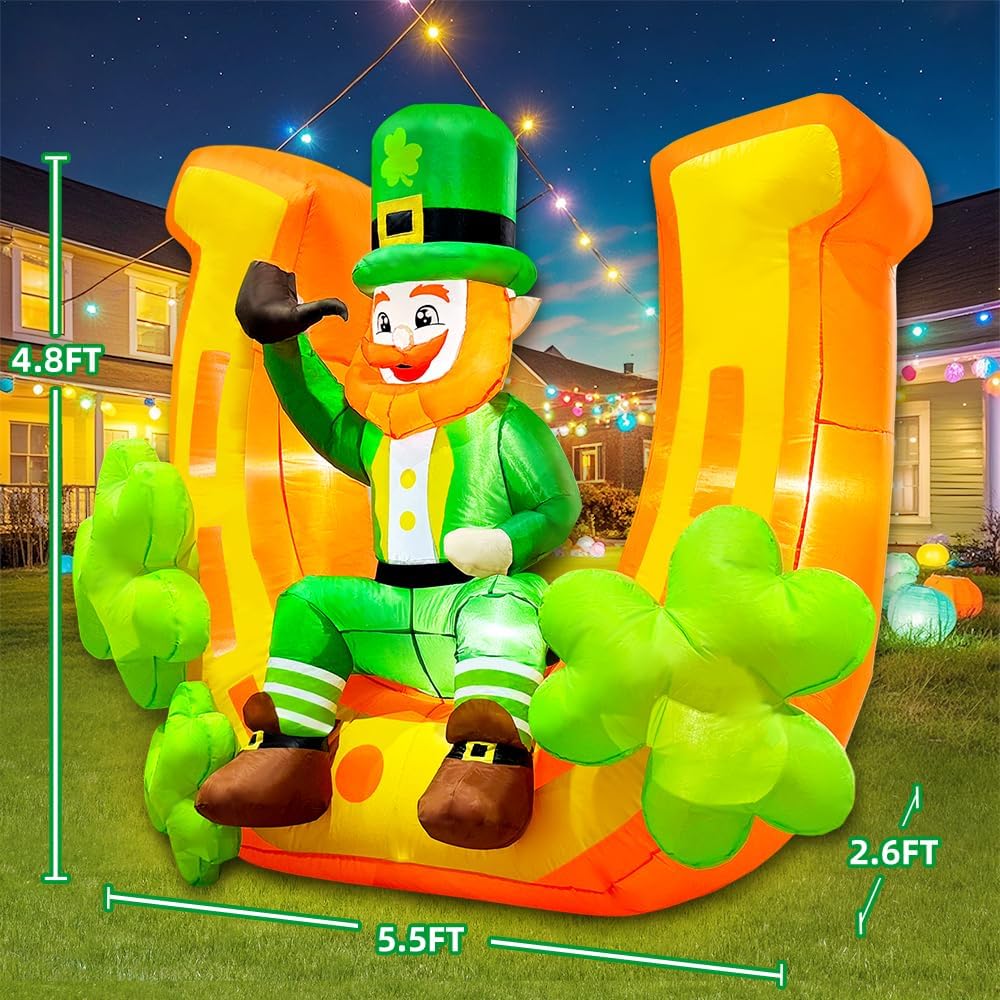 KOOY 5.5FT St Patricks Inflatables Outdoor Decoration, Inflatable Leprechaun Sit on Lucky Clover Horseshoe with Shamrock Decoration, Blow Up Saint Decorations for Yard Holiday Party Garden Lawn Décor - Image 5
