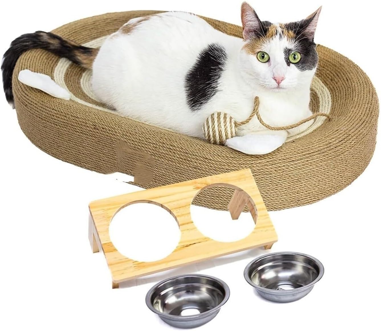 Happy Luna Cat Scratch Lounge with Double Bowl - 4-in-1 Scratching Bed for Indoor Cats, Elevated Cat Food Dish, Sisal Fiber Scratcher and Resting Bed
