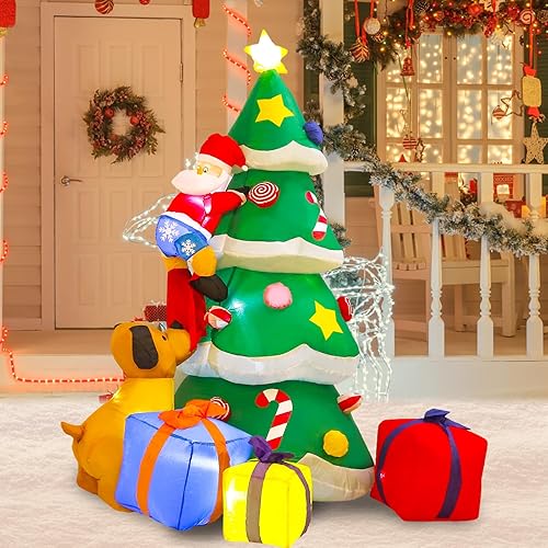 Miniatura 3 de Aoibox Árbol de Navidad iluminado inflable de 7 pies, perro persiguiendo Papá Noel, lindo y divertido para interiores y exteriores, decoración de