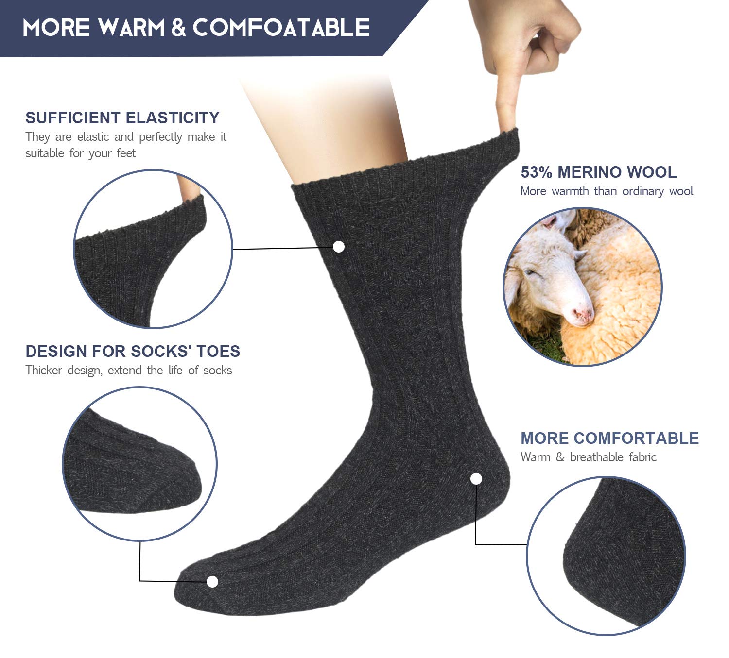 Ysense 6Paia Calze Merino Uomo Calzini Inverno in Lana Morbido Business Classico Grosso Termico Termiche e Lunghe Ideali per Escursioni, Trekking e Campeggio,Regalo per Uomo Donna