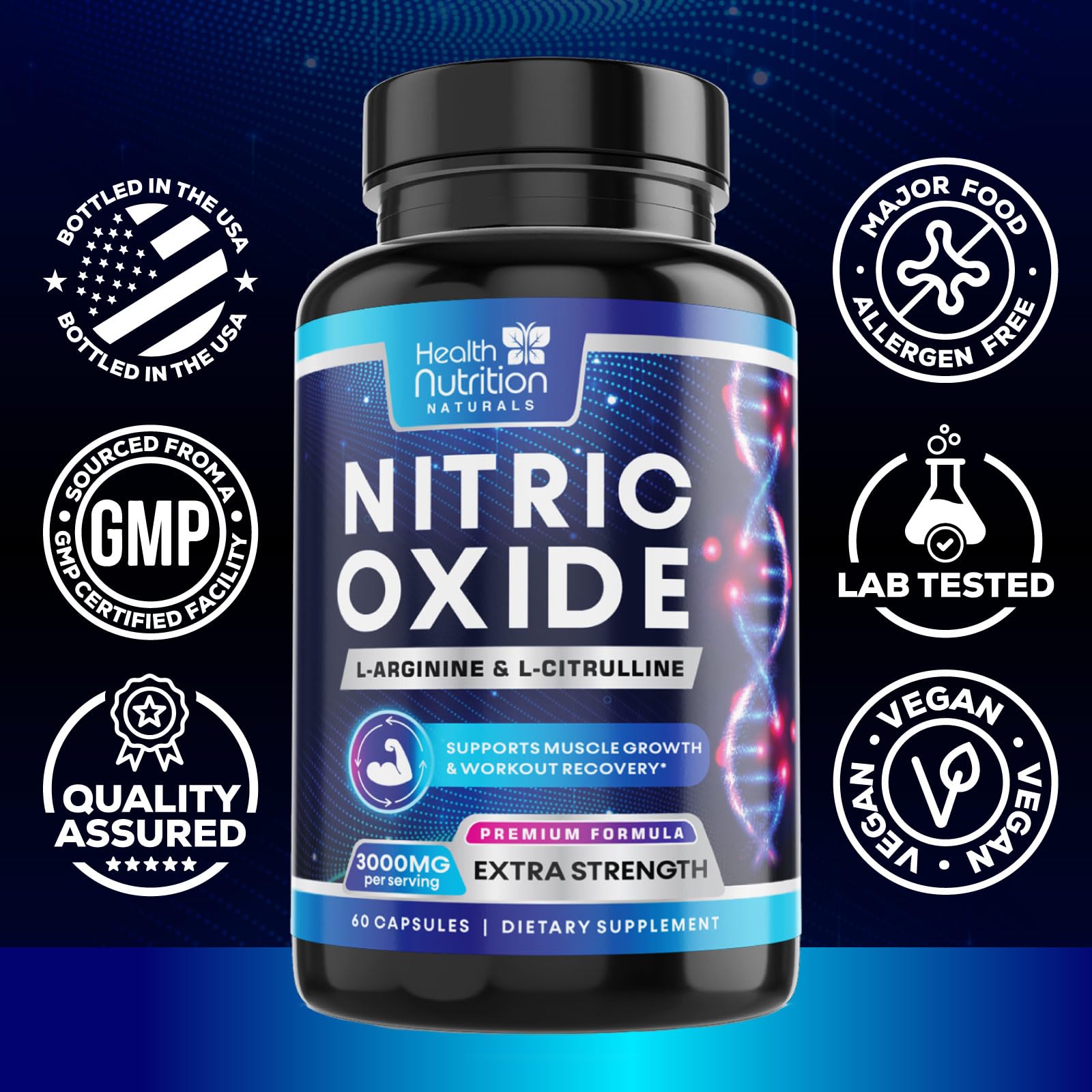 Nitric Oxide Supplement 3000mg Blend - 3X Strength L-Arginine & L-Citrulline - Complete Pre Workout Nitric Booster - Natural Energy & Muscle Support for Men & Women - Bottled in USA - 60 Capsules — Amazon image 4