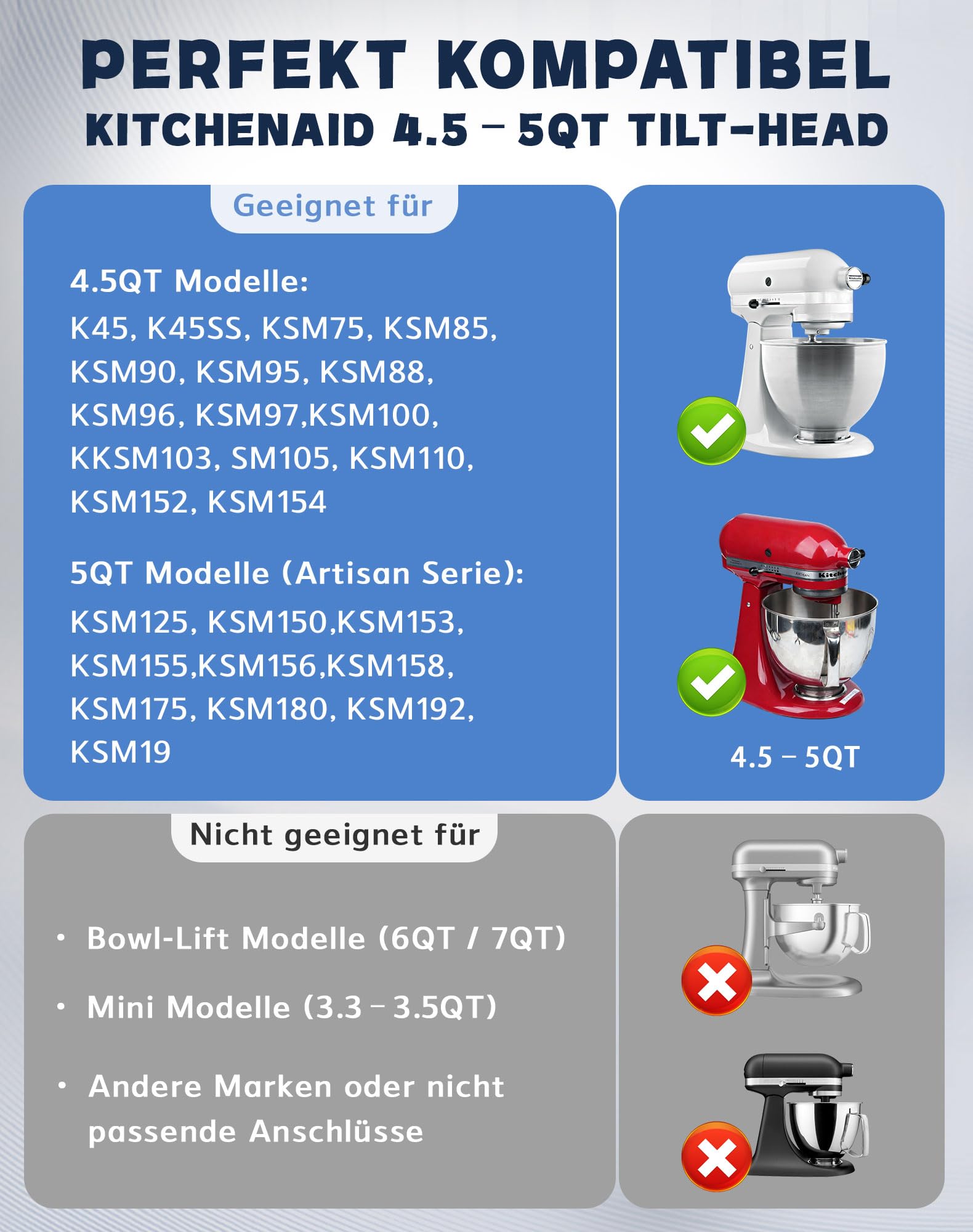 Knethaken für Kitchenaid 4.5/5QT Edelstahl Knethaken, Teigpeitsche für Standmixer, Artisan Rührhaken Geeignet für KSM150 K45 K45SS KSM75 KSM175 Ersatz, Spülmaschinenfest